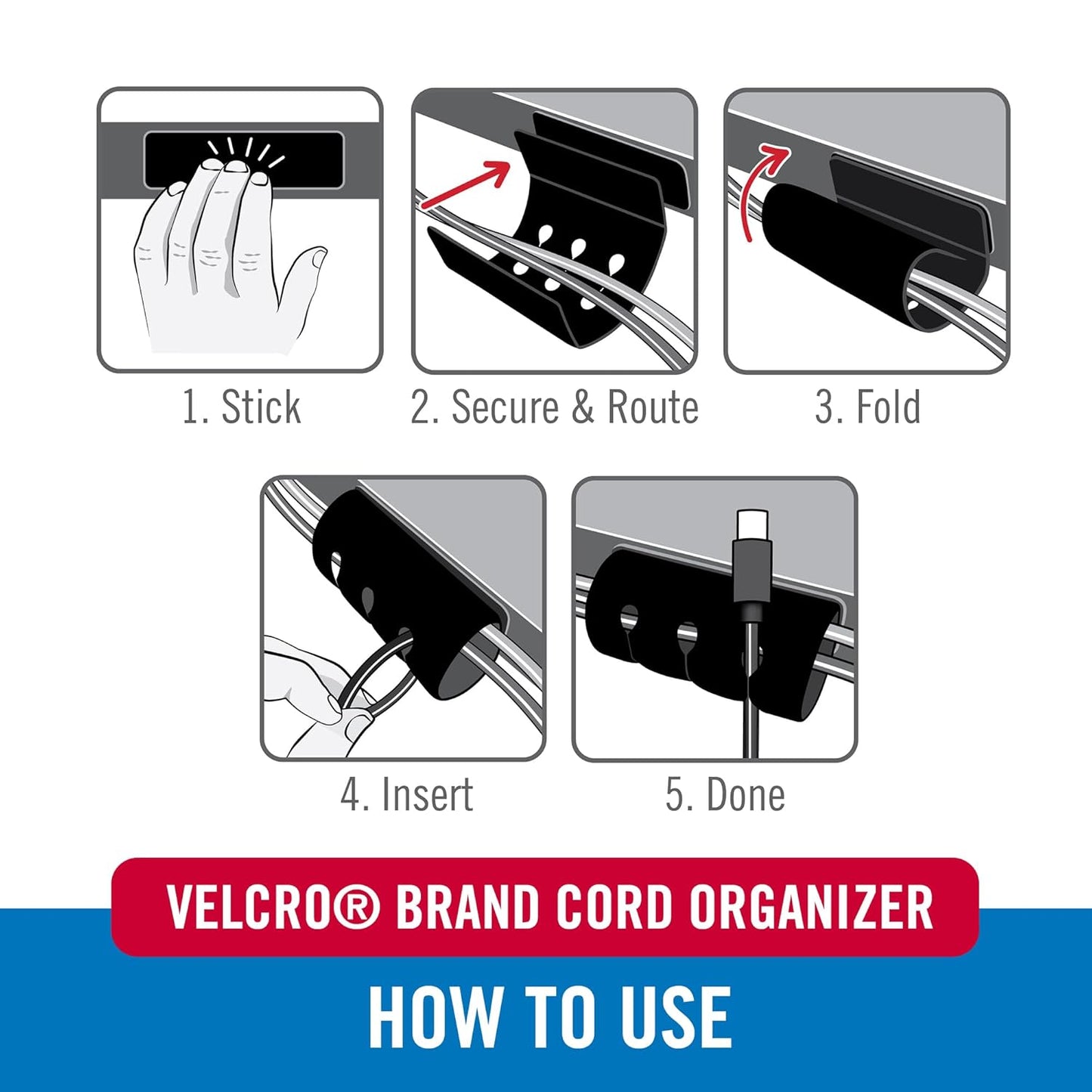 VELCRO Brand Cord Organizer for Desk & Nightstand, 5 Cable Slots with Sleeve Routing, Adhesive Wire Holder for Cord Management, Home, Workshop, Gaming & Office Essentials, Black 2 Pack