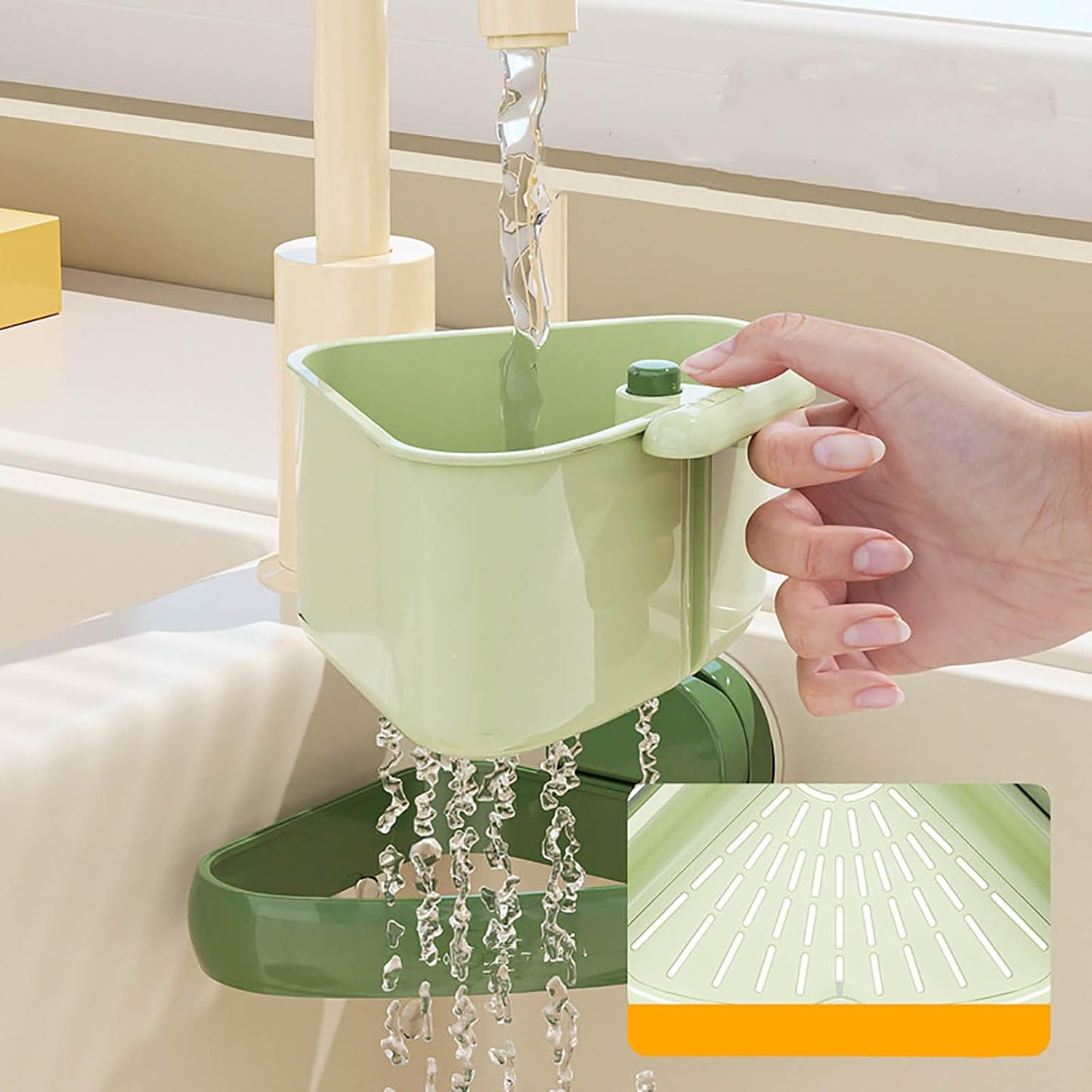 Suction Cup Sink Corner Rack - Triangle Organizer with Drain Hole & Press Automatic Dumping, Food Waste Catcher & Storage Shelf, Rust Resistant No Drilling for Kitchen Bathroom (Green)