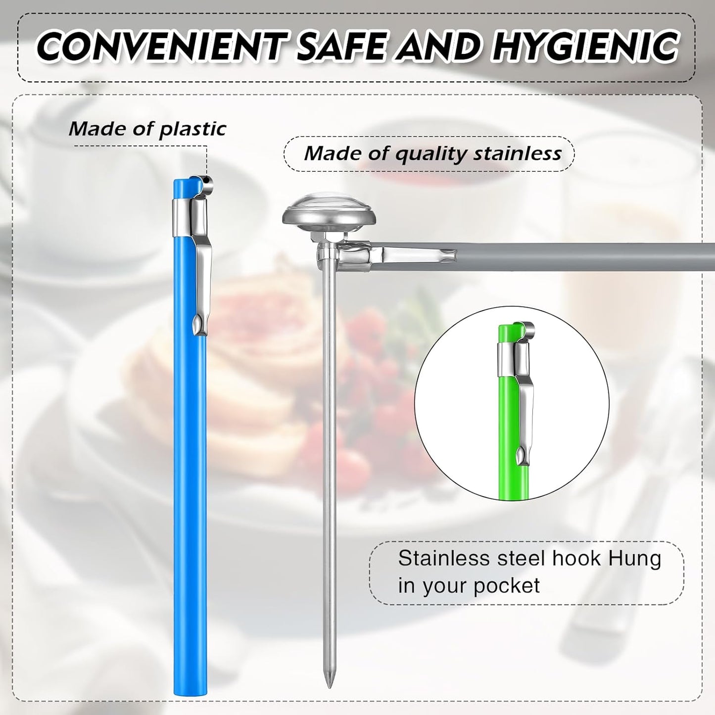 Xuhal 3 Pcs Stainless Steel Kitchen Thermometer with 5 Inch Long Stem 1 Inch Dial Thermometer Milk Frothing Food for Oven Probe Meat Grill BBQ Cooking Chocolate Water (Gray,Green,Blue)