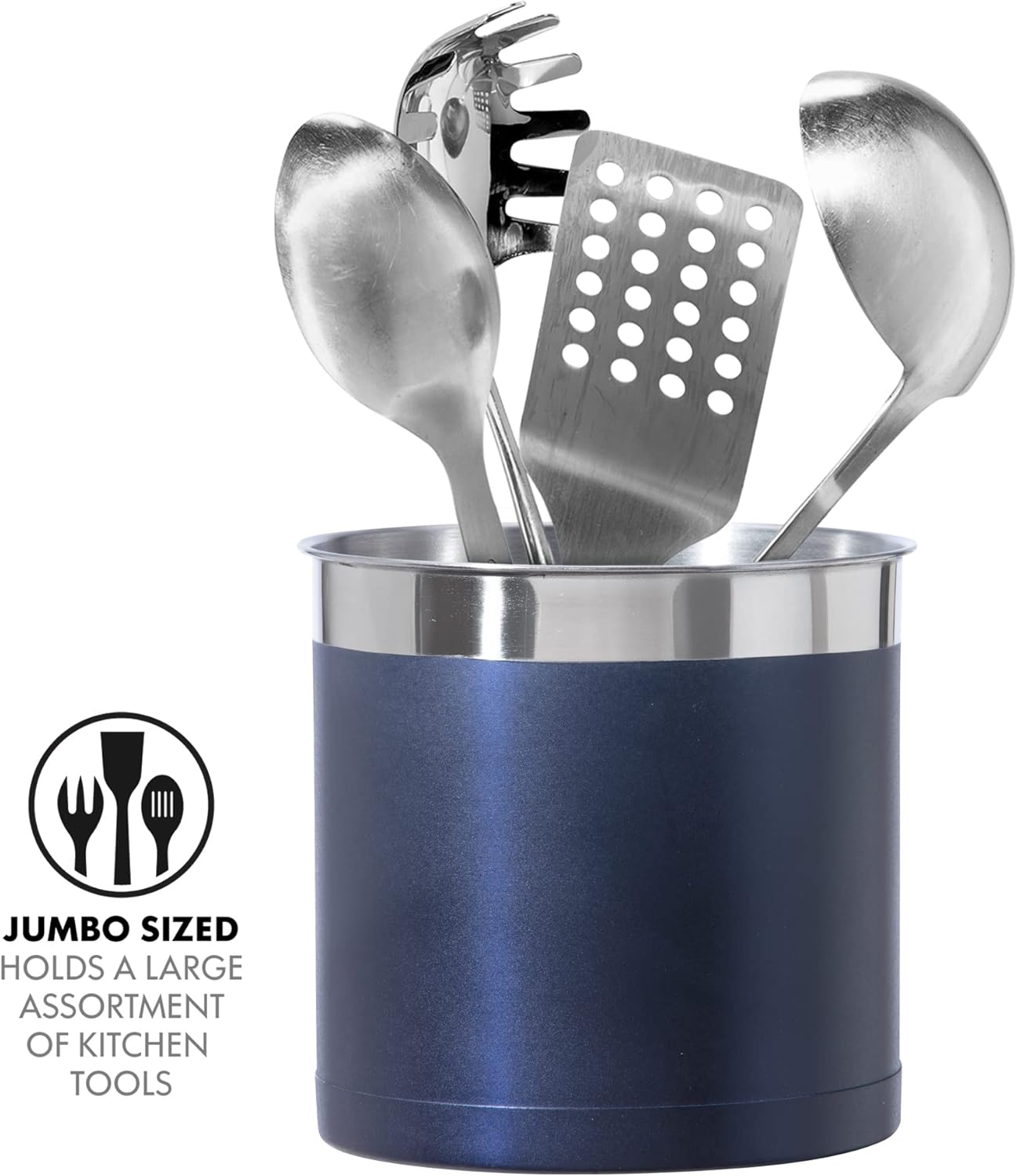 Oggi Stainless Steel Jumbo Utensil Holder - 7" Utensil Caddy, Weighted Base for Stability - Extra Large Utensil Crock and Countertop Utensil Organizer, Blue