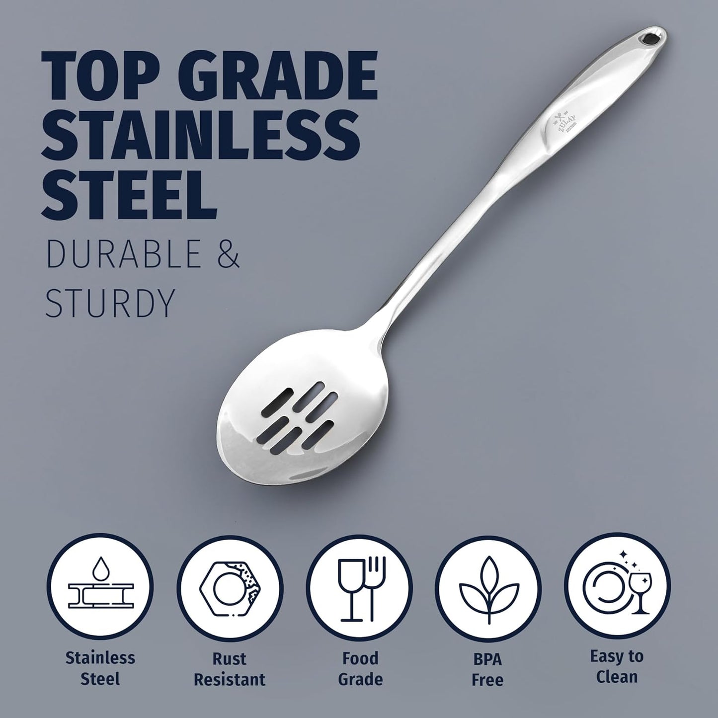 Zulay Kitchen Stainless Steel Slotted Spoon - Large Cooking Spoon - Durable Premium Stainless Steel with Comfortable, Ergonomic Handle - Easy to Clean - Perfect for At Home Cooking & Buffets - 15”