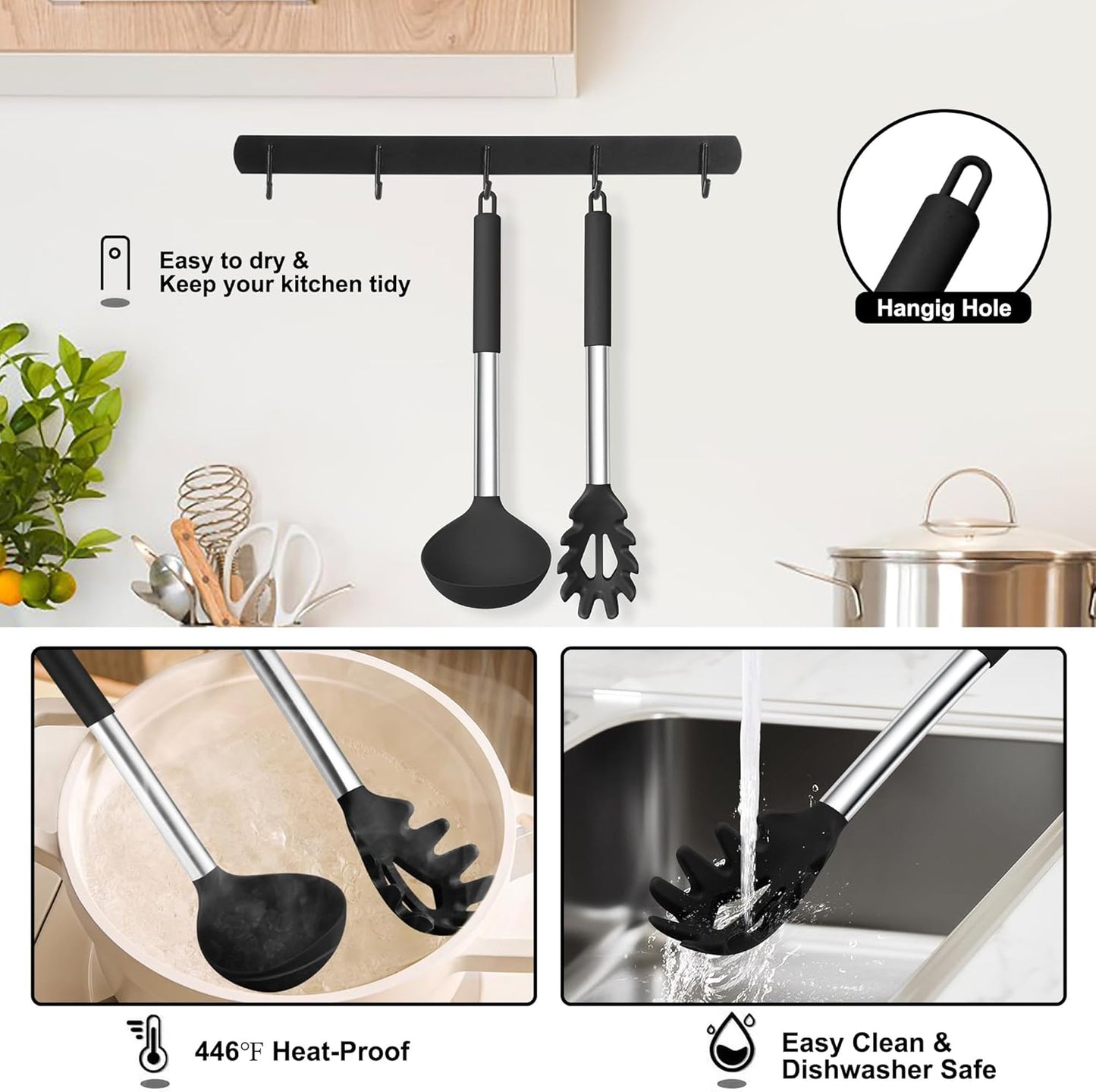 TeamFar Silicone Pasta Fork and Ladle Spoon Set, 2 Pcs Large Nonstick Kitchen Utensils with Stainless Steel Handle for Cooking, Draining, Serving Soup, Sauce, Spaghetti, Healthy & Heat-Proof, Black