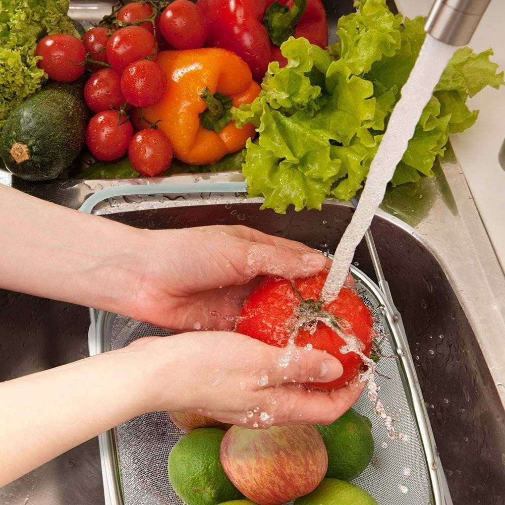Over The Sink Colander, 6 Quarts Stainless Steel Oval Colander with Expandable Rubber Grip Handle, Fine Mesh Strainer Baskets Kitchen Colanders for Strain, Drain, Rinse Vegetables, Mint Green