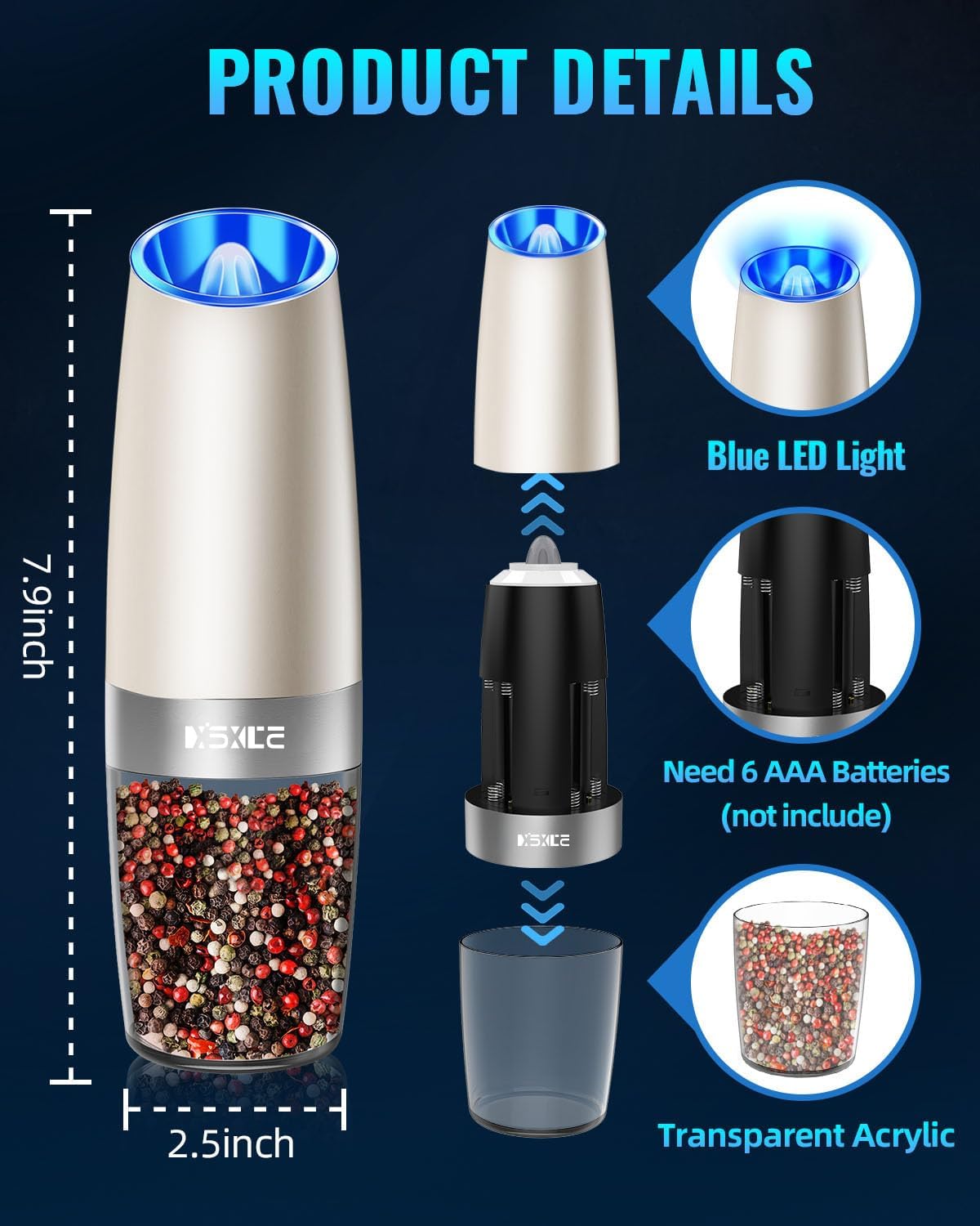 XinXu Gravity Automatic Electric Pepper and Salt Grinder, Auto Salt or Pepper Mill Shaker Stainless Steel,Blue LED Light,One Hand Operated- (Set/Khaki)