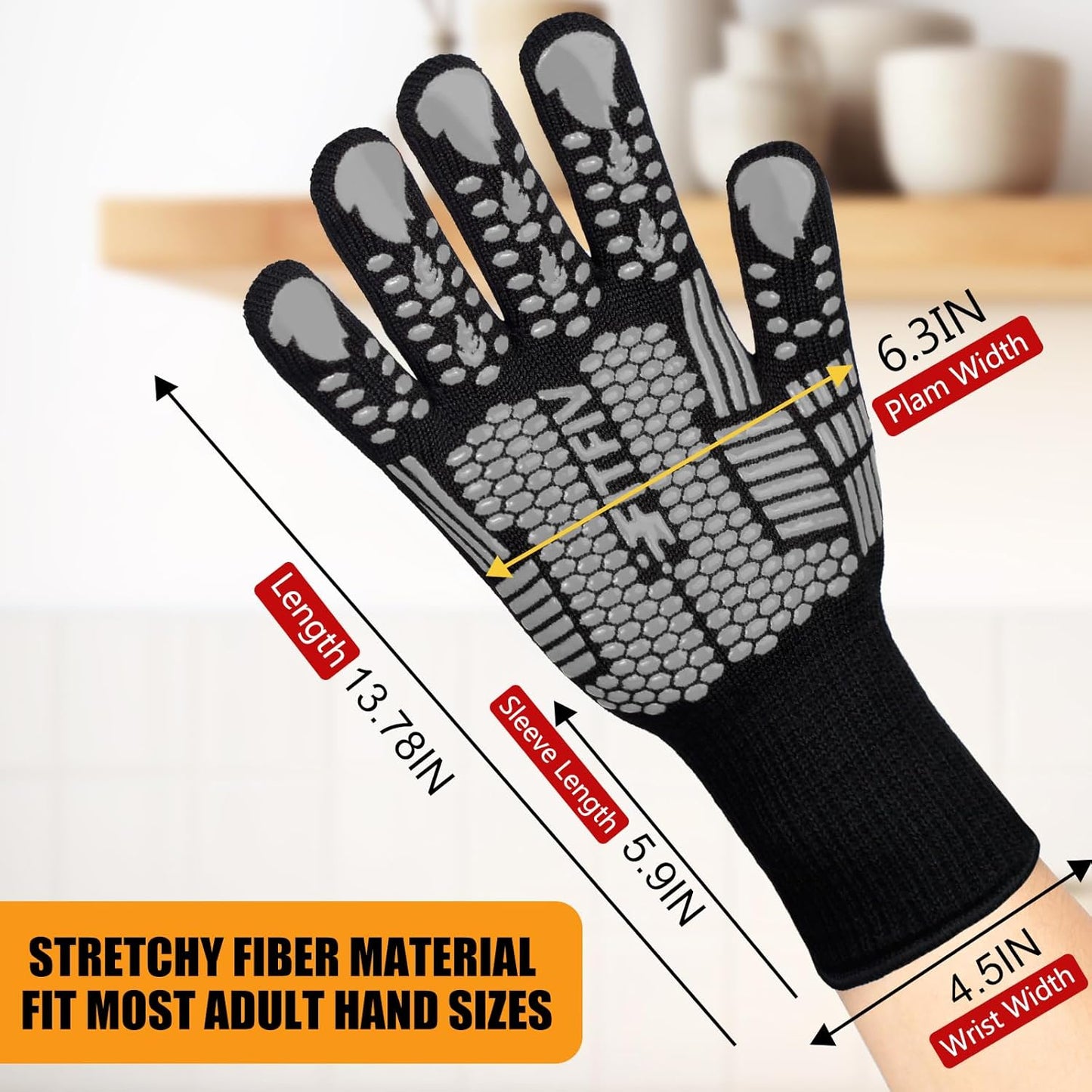 BBQ Gloves, Oven Gloves, 1472°F Extreme Heat Resistant Barbecue Gloves, Silicone Non-Slip Oven Mitts, Kitchen for Cooking, Grilling, and Baking (Gray)
