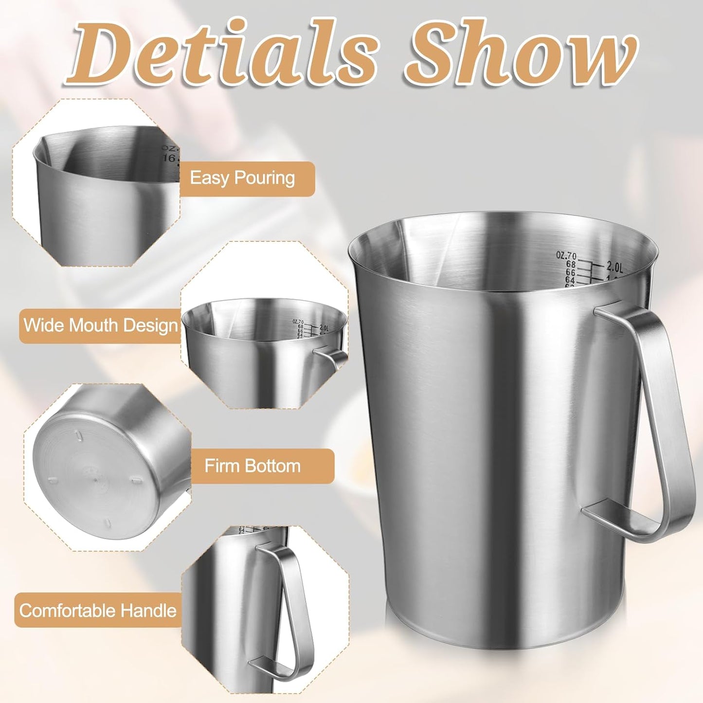 3 Pieces Stainless Steel Measuring Cups Metal Pitcher with Oz and ML marking Measuring Cup with Handle and Pour Lip, 16 Ounce (2 Cups), 32 Ounces (4 Cup), 64 Ounces (8 Cup)