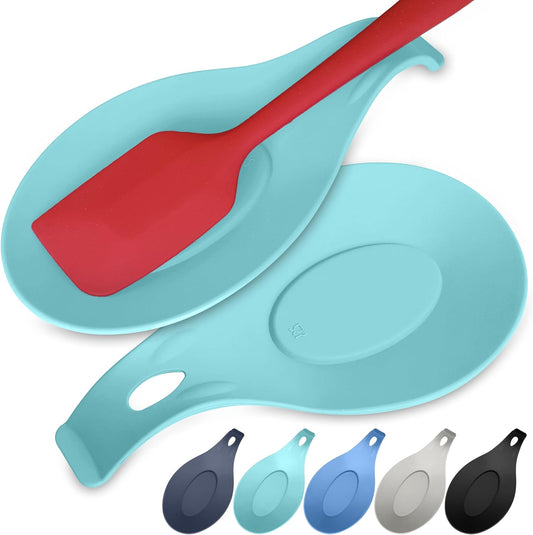 TEAL Silicone Spoon Rest for Stove Top, Set of 2 - HEAT RESISTANT, EASY TO CLEAN Kitchen Spoon Rest for Kitchen Counter, Holds XL Utensils, Safe on GLASS & INDUCTION Cooktops, DOESN’T BREAK if Dropped