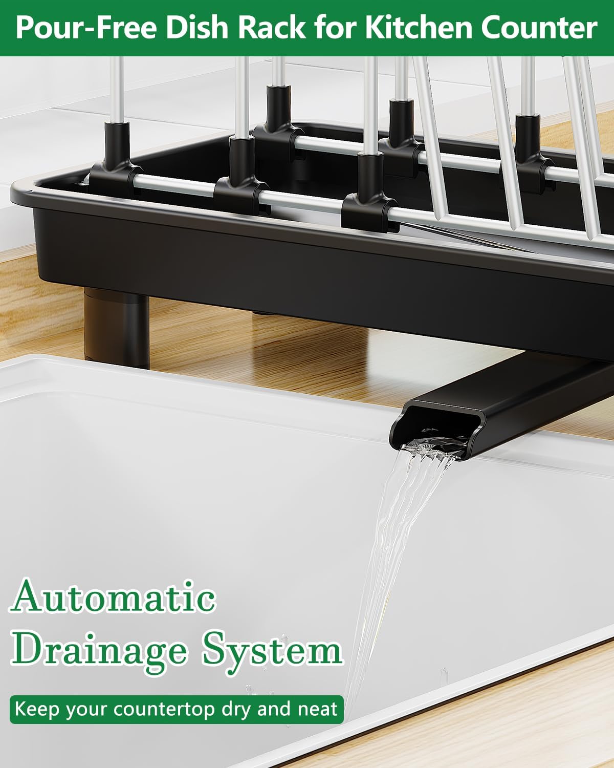 Small Dish Drying Rack, Compact Dish Rack for Kitchen Counter, Space Saving Plate Rack, Dish Strainer with Cutlery Holder, Black