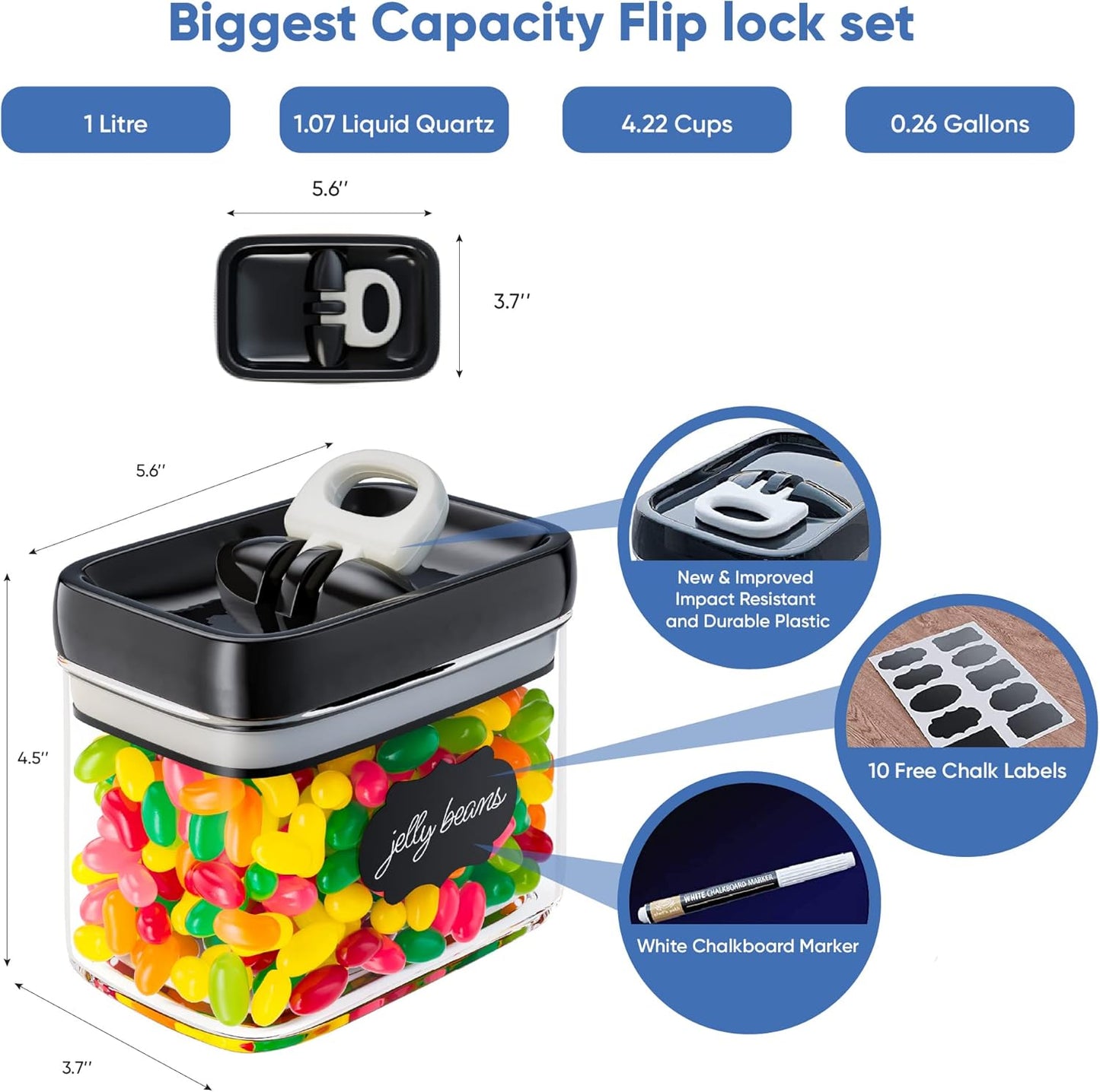 Chef's Path Airtight Food Storage Containers with Improved Lids, Set of 6, 1L Kitchen and Pantry Canisters for Coffee, Spices, and Dry Food, Includes Labels and Marker - Transparent, All Same Size