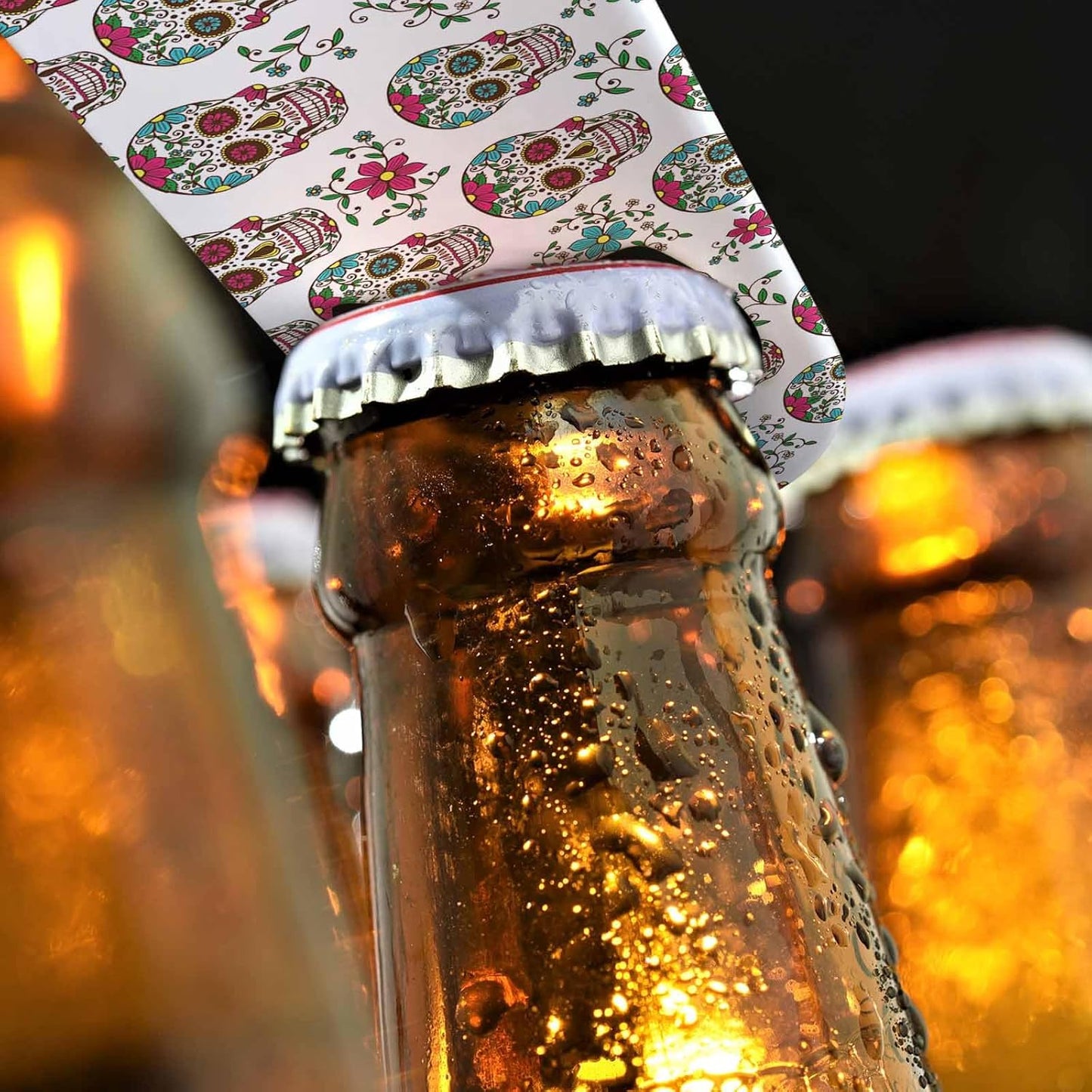 Sugar Skull Stainless Steel Bottle Opener Floral Skeleton Leaf and Flowers Mexico Day of The Dead Halloween Flat Beer Bottle Opener Keychain for Home Kitchen Bar Restaurant Party Birthday Gift