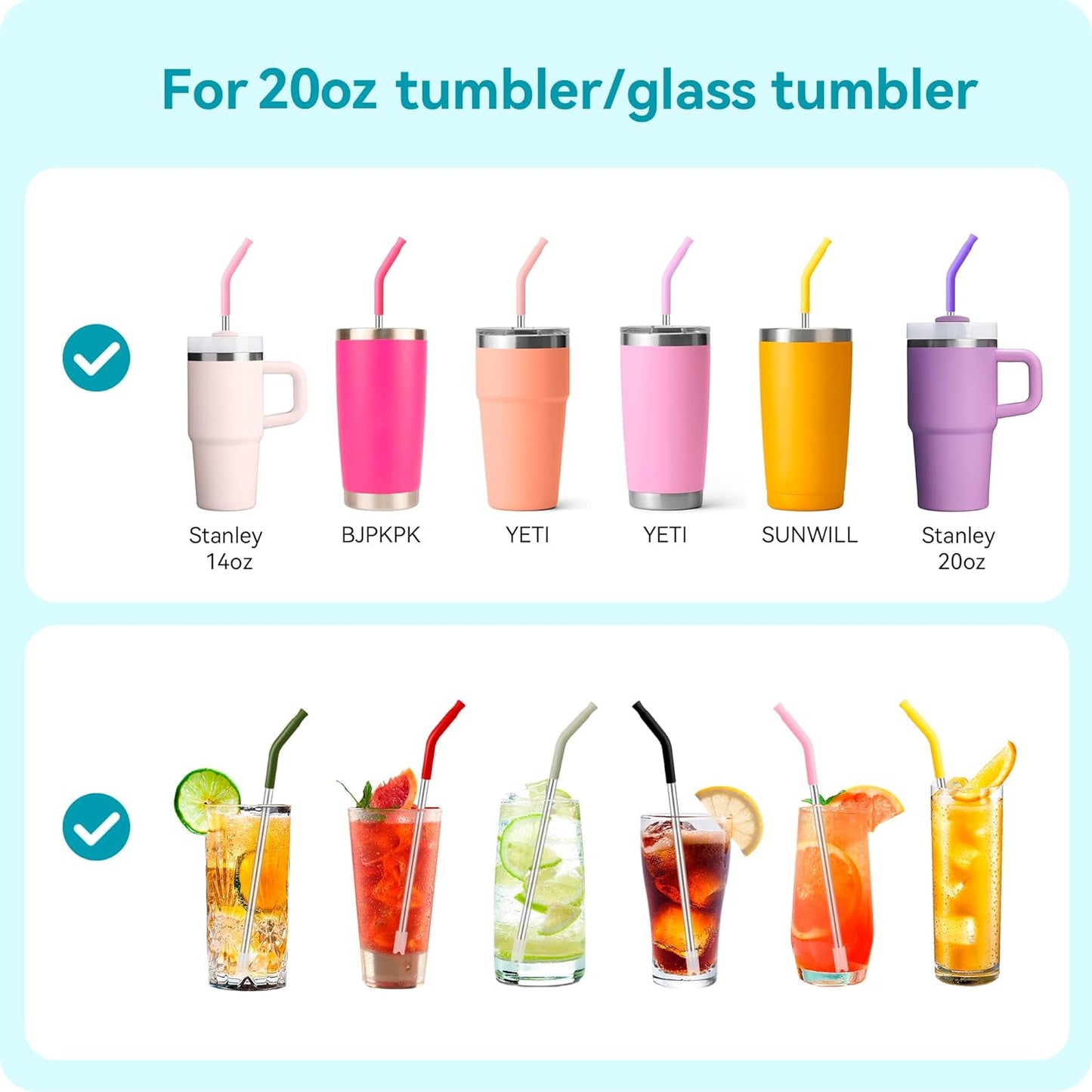 20 oz Straight Metal Straws with Silicone Tip for 20 oz Tumbler, 6 Pcs Stainless Steel Reusable Drinking Metal Straw for YETI, STANLEY, US Acrylio, BJPKPK, Simple Modern and so on