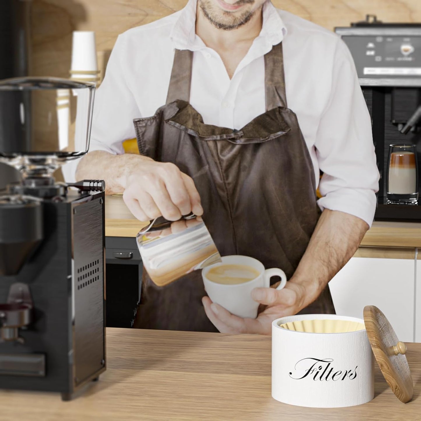 Wooden Coffee Filter Holder, Basket Storage Container for Counter, Black Small Bar Accessories for Coffee Bar Station(White Wooden)