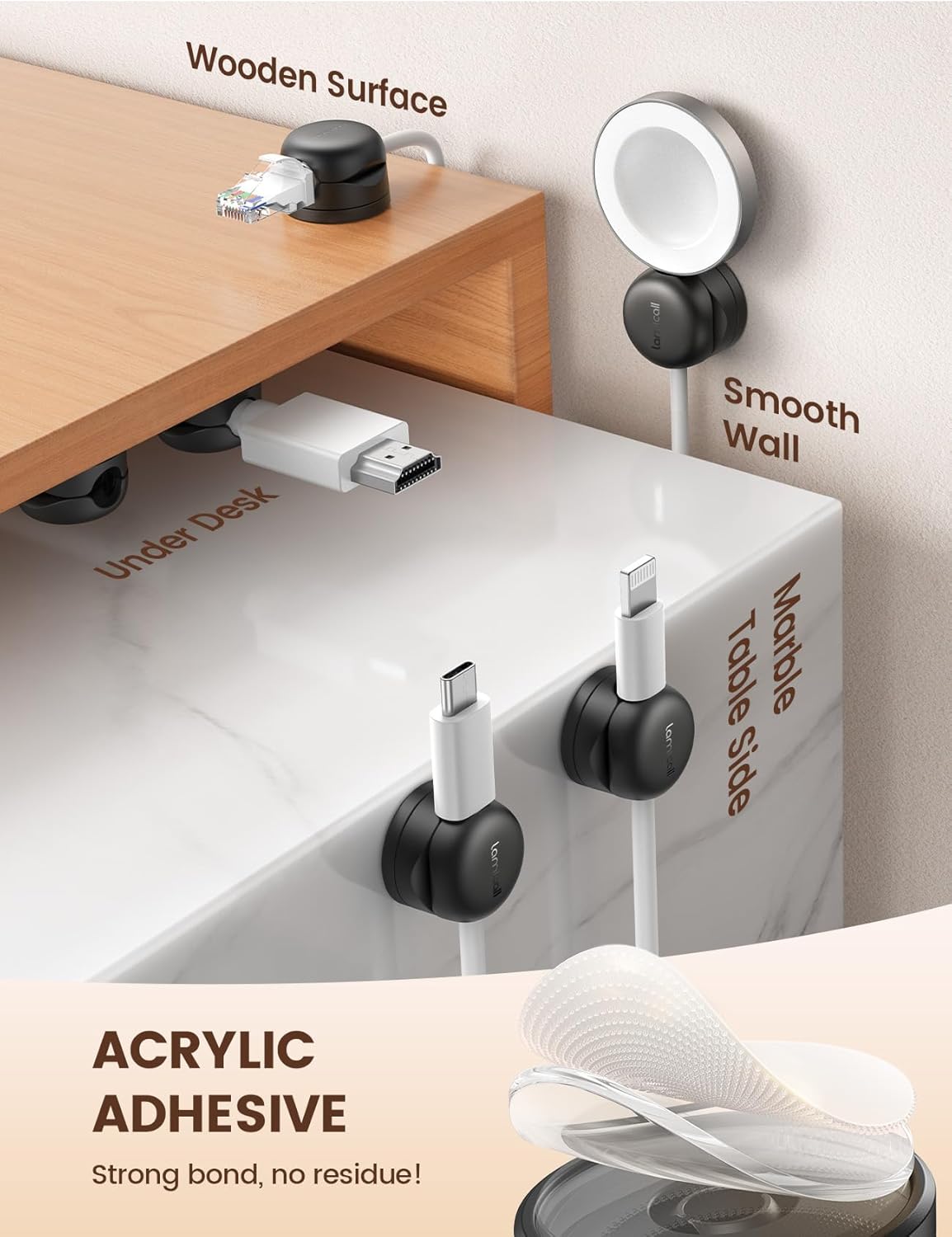 6Pack Rotatable Cord Organizer, Spring Cable Clips - Lamicall [1s Lock] Cord Holder, Desk Phone Charger Cable Management, No-Residue Adhesive Wire Organizer Keeper for Nightstand, Office Accessories