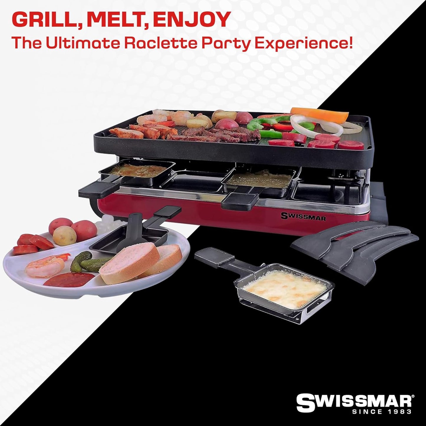 Swissmar Classic 8-Person Raclette Party Grill with Reversible Cast Aluminum Non-Stick Grill Plate/Crepe Top, Indoor Electric Raclette Grill & Griller - Black Grill Plate - Red