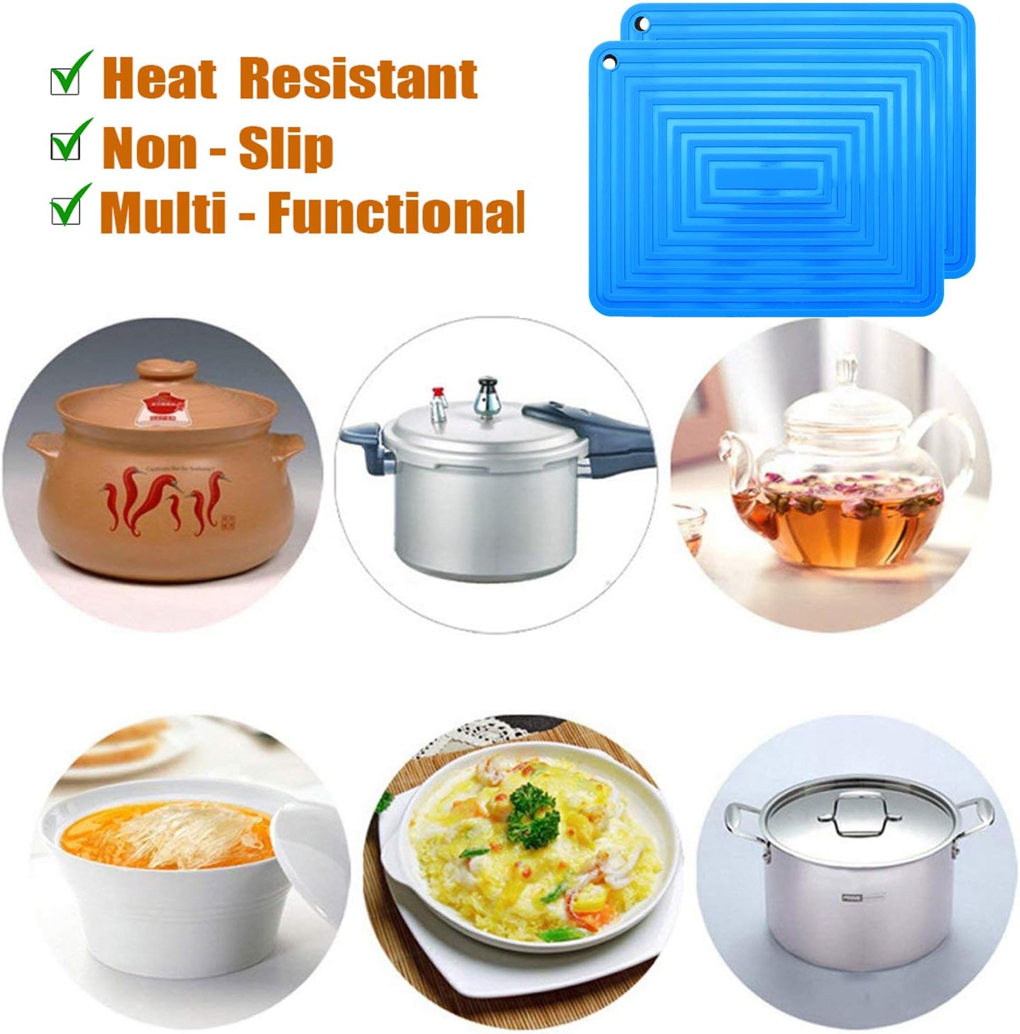 Large Silicone Trivet Mats for Hot Dishes/Pans, Heat Resistant Pot Holder, 9"x12" Non Slip Flexible Durable Pot Coaster Kitchen Table Mats Set of 2 (Blue)