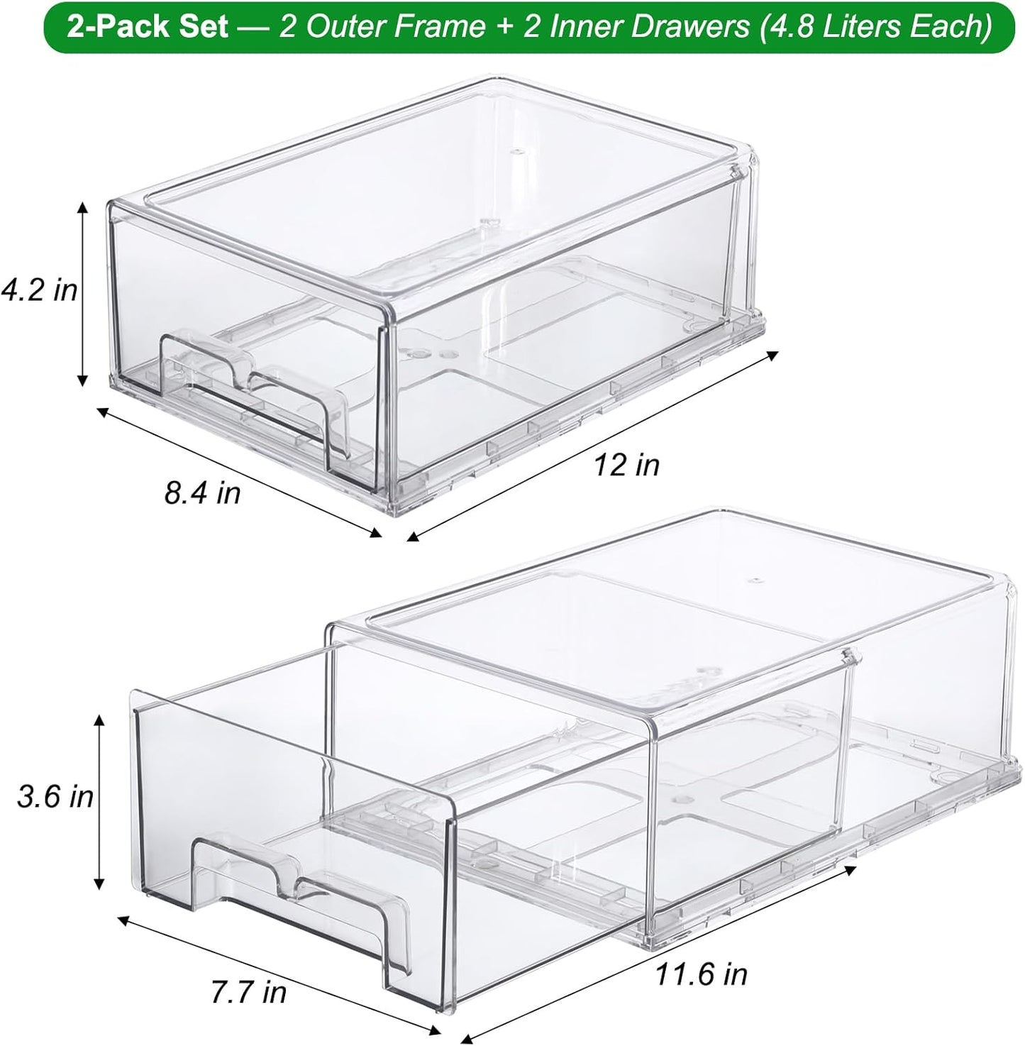 Taiuloo 2 Pack Stackable Refrigerator Organizer Bins with Pull-Out Drawer, Clear BPA-Free Food Storage Containers for Fridge Freezer, Kitchen Pantry Cabinet & Bathroom Vanity Organization