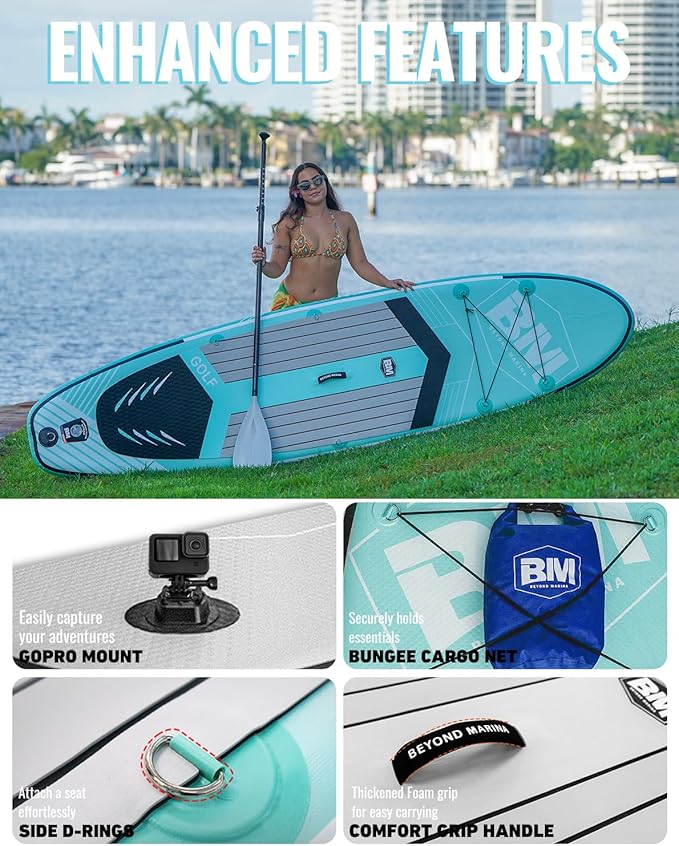 BM Paddle Board Inflatable Stand Up Paddle Board, SUP Paddleboard for Adult, Premium Accessories | Non-Slip EVA Deck & Foam Handles, Camera Mount, Double Action Pump, 85L Travel Backpack