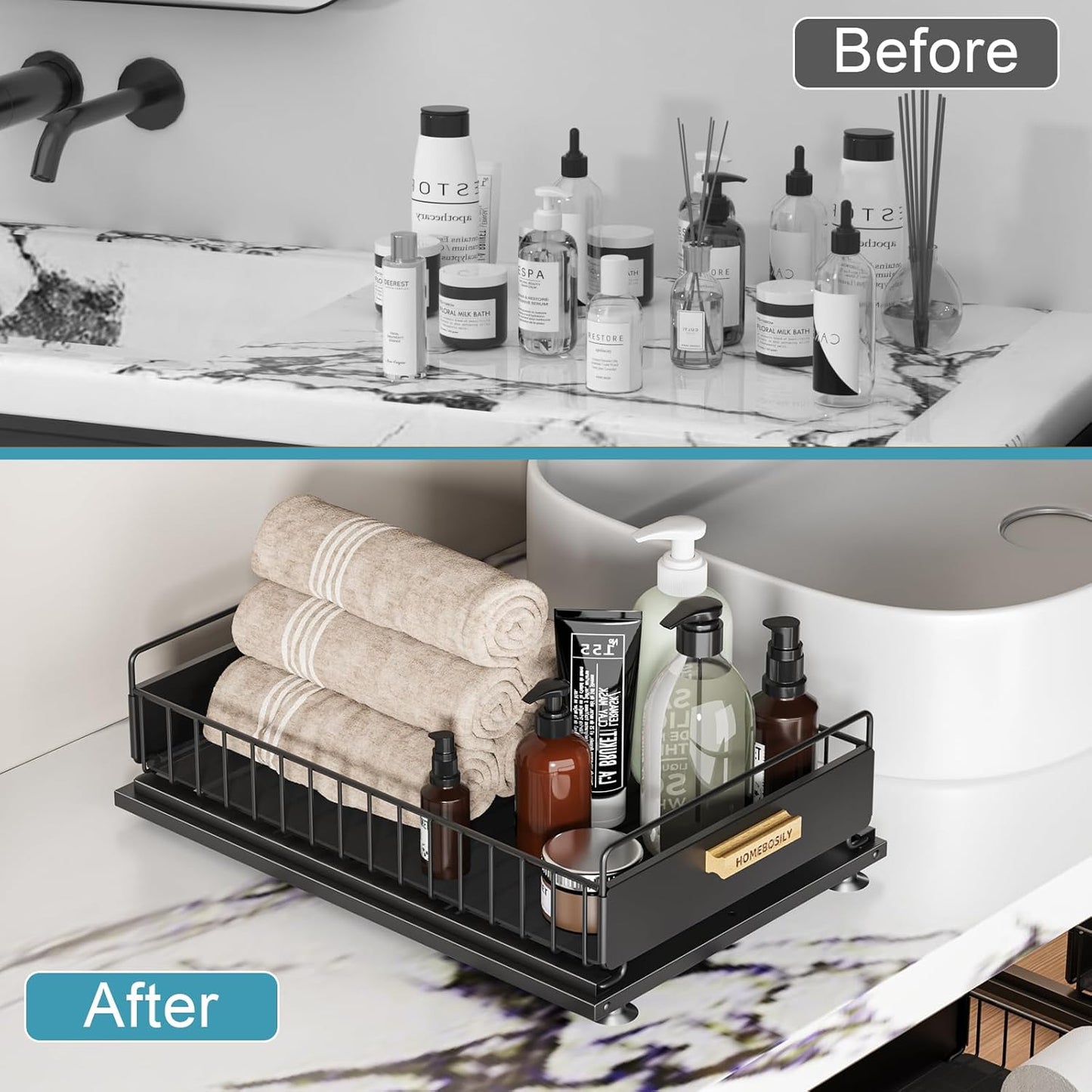 Under Sink Organizer, Kitchen Under Sink Organizers and Storage, Mute Pull Out Cabinet Organizer Shelf, Metal Sliding Drawer for Kitchen Bathroom Pantry Cabinet Closet Organization Rack, Black