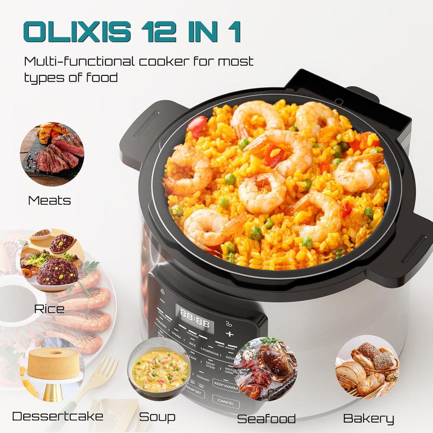 OLIXIS Electric Pressure Cooker 6 Quart Stainless Steel Multi Cooker Electric for Pressure 12-in-1 Rice, Steamer, Yogurt Maker, Slow Cook,Meat Stew, Cake, Porridge, Multigrain,SLV