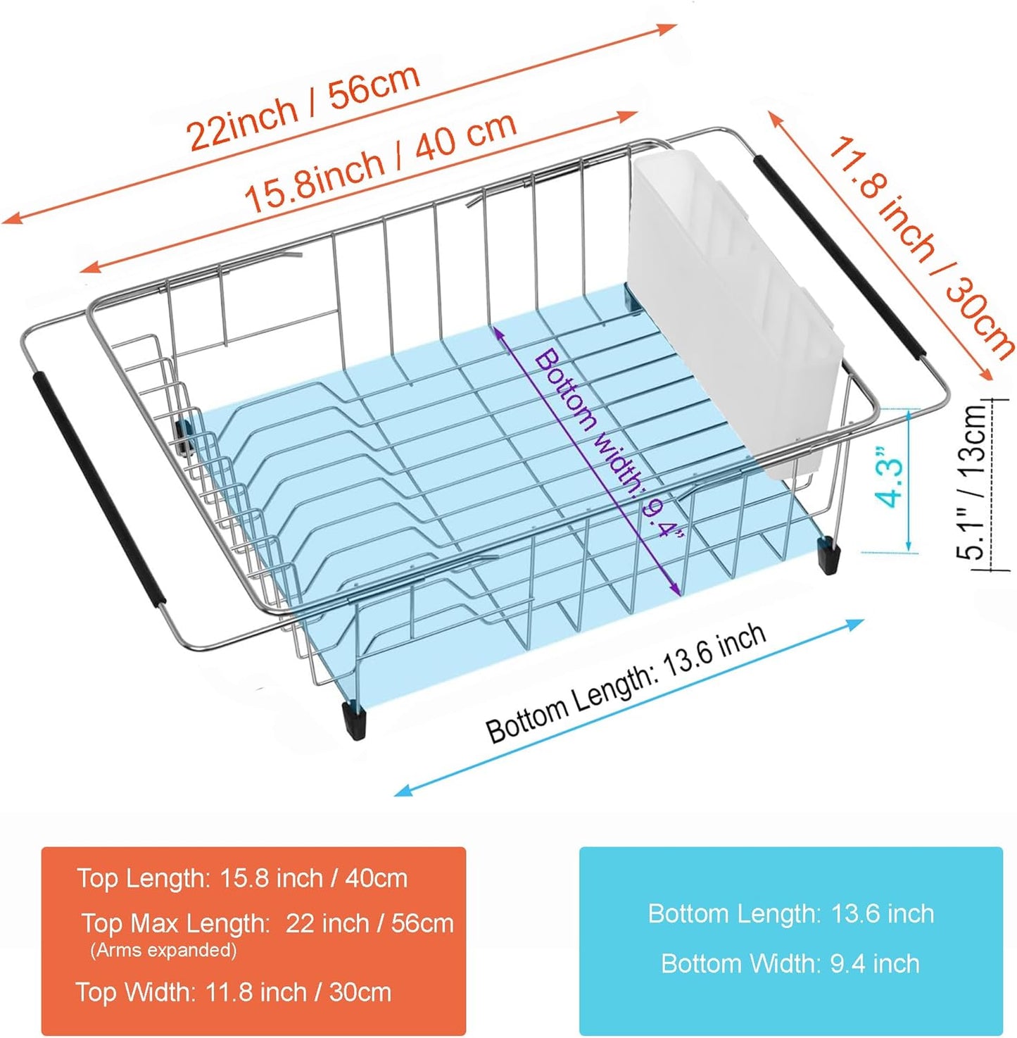 iPEGTOP Expandable Multifunctional Dish Drying Rack, Over The Sink, in Sink Or On Counter Dish Drainer Rack Organizer Shelf with White Utensil Silverware Holder, Rustproof Stainless Steel