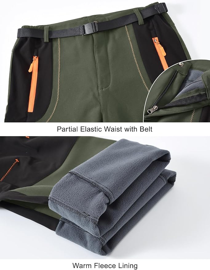 Rdruko Men's Snow Ski Pants Waterproof Insulated Winter Outdoor Snowboard Hiking Fleece Pants with Belt