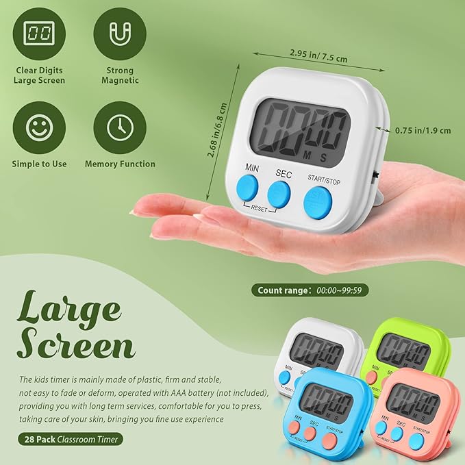 Xuhal 28 Pcs Digital Timers for Teachers Classroom Kitchen Countdown Timers for Cooking Magnetic Stopwatch 4 Colors for Kitchen Cooking Study Work Baking Sports