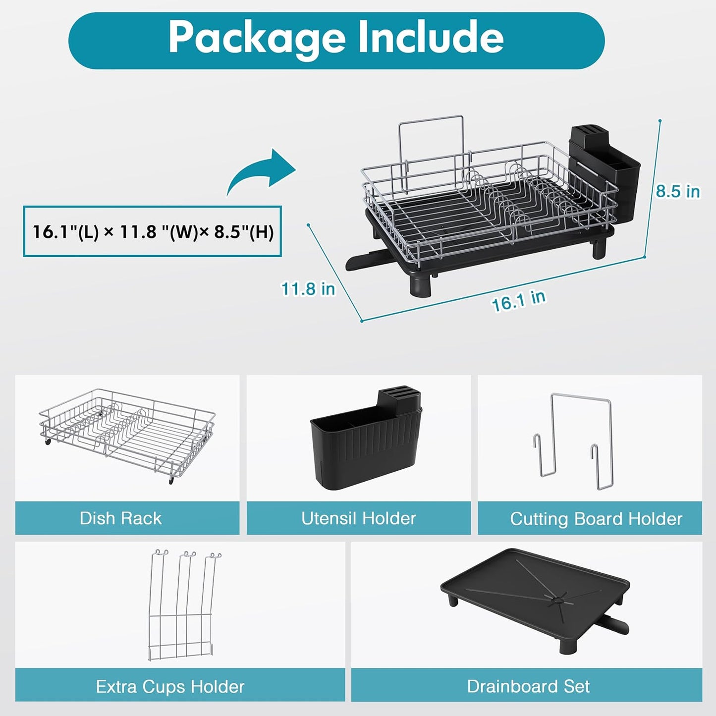 BOOSINY Dish Drying Rack for Kitchen Counter, Stainless Steel Dish Drainers with Drainboard Set, Space Saving, Compact Metal Plates Strainers Rack with Cup Holder, Utensil Holder