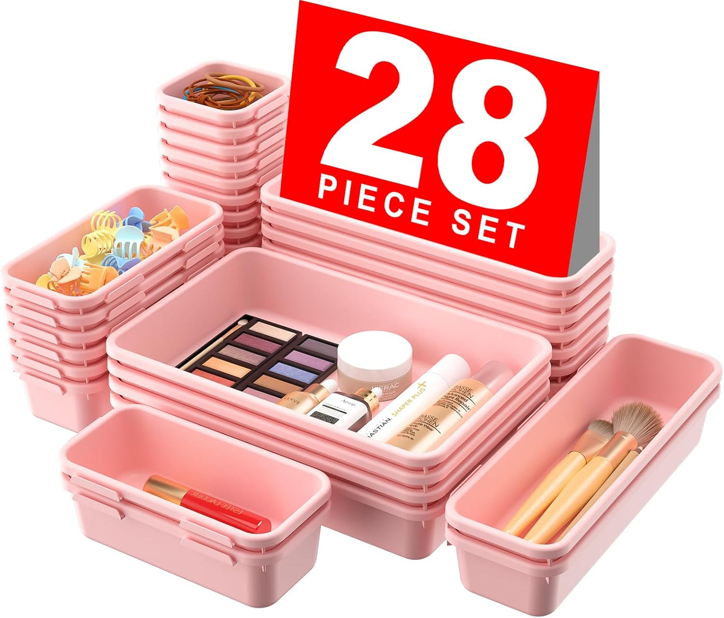 A-LuGei 【28PCS】 Drawer Organizer, Bathroom Organizers and Storage, Makeup organizer, Desk drawer organizer, Storage Bins for Kitchen Office Bedroom Vanity Jewelry Pantry Garage【Pink】【4Size】