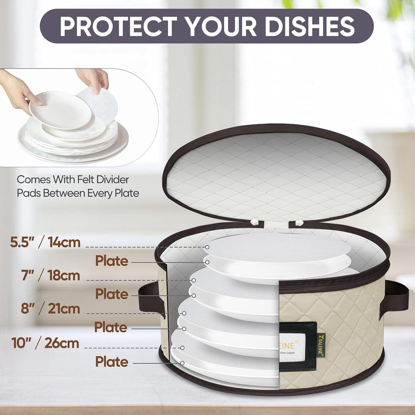 BALEINE China Storage Containers, Sturdy Quilted Wine Glass Storage, Plate Organizer with Carry Handles, Moving Boxes for Dishes, Cups, Mugs and Stemware (Plate Mug Combo, Soft Shell Cream)