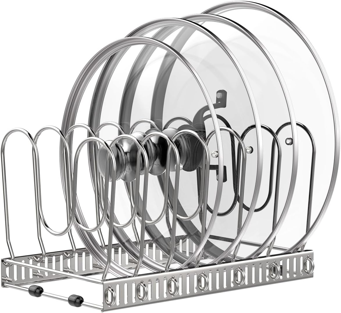 Housolution Pot and Pan Organizer Rack for Cabinet, Pot Lid Organizer with 7 Adjustable Dividers, Pan Holder Storage Rack for Kitchen Cabinet, Silver