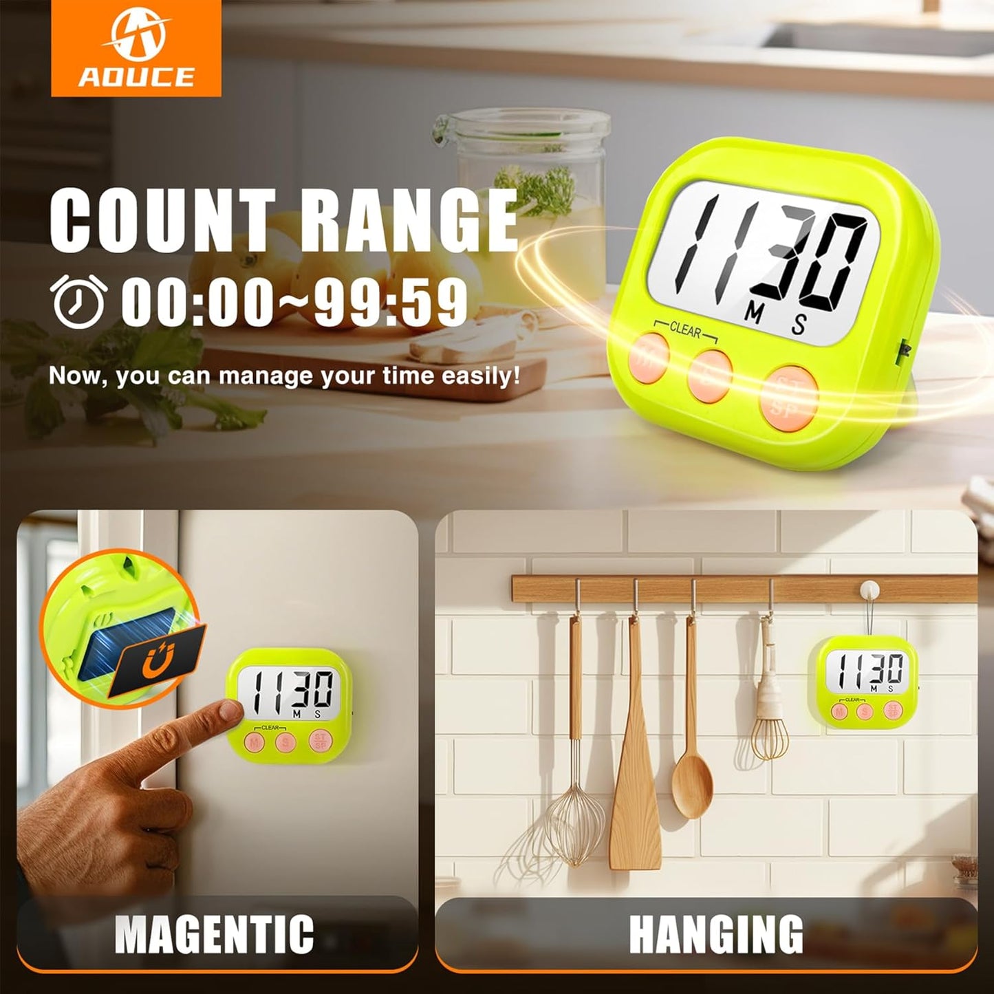 2 Pack Kitchen Timers Loud Ring Digital Timers for Cooking Magnetic Green