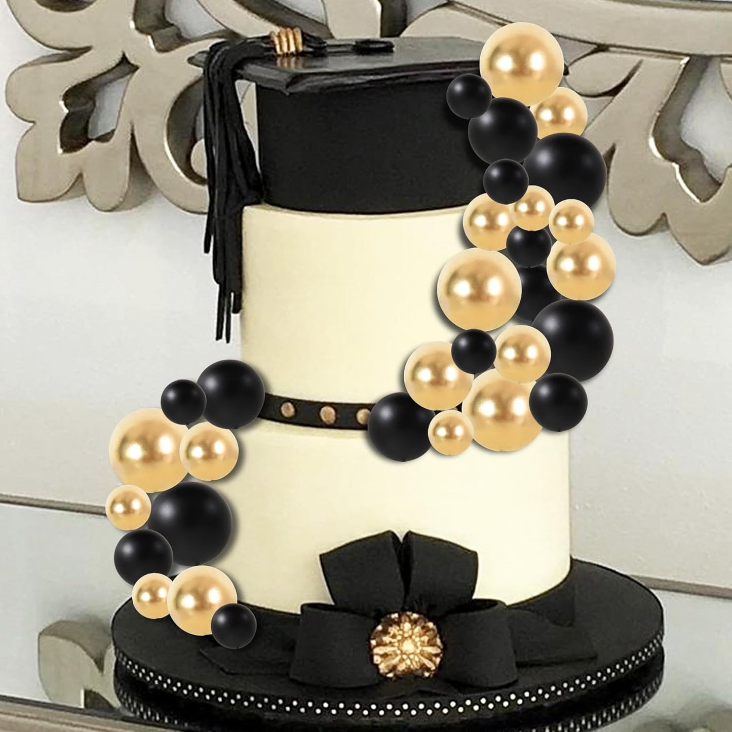 BEISHIDA 40 Pcs Ball Cake Toppers Mini Balls Cake Decorations Black Gold Foam Balls Sticks DIY Cake Topper for Baking Congrats Grade 2025 Graduation Birthday Retirement Party Decorations (Black Gold)
