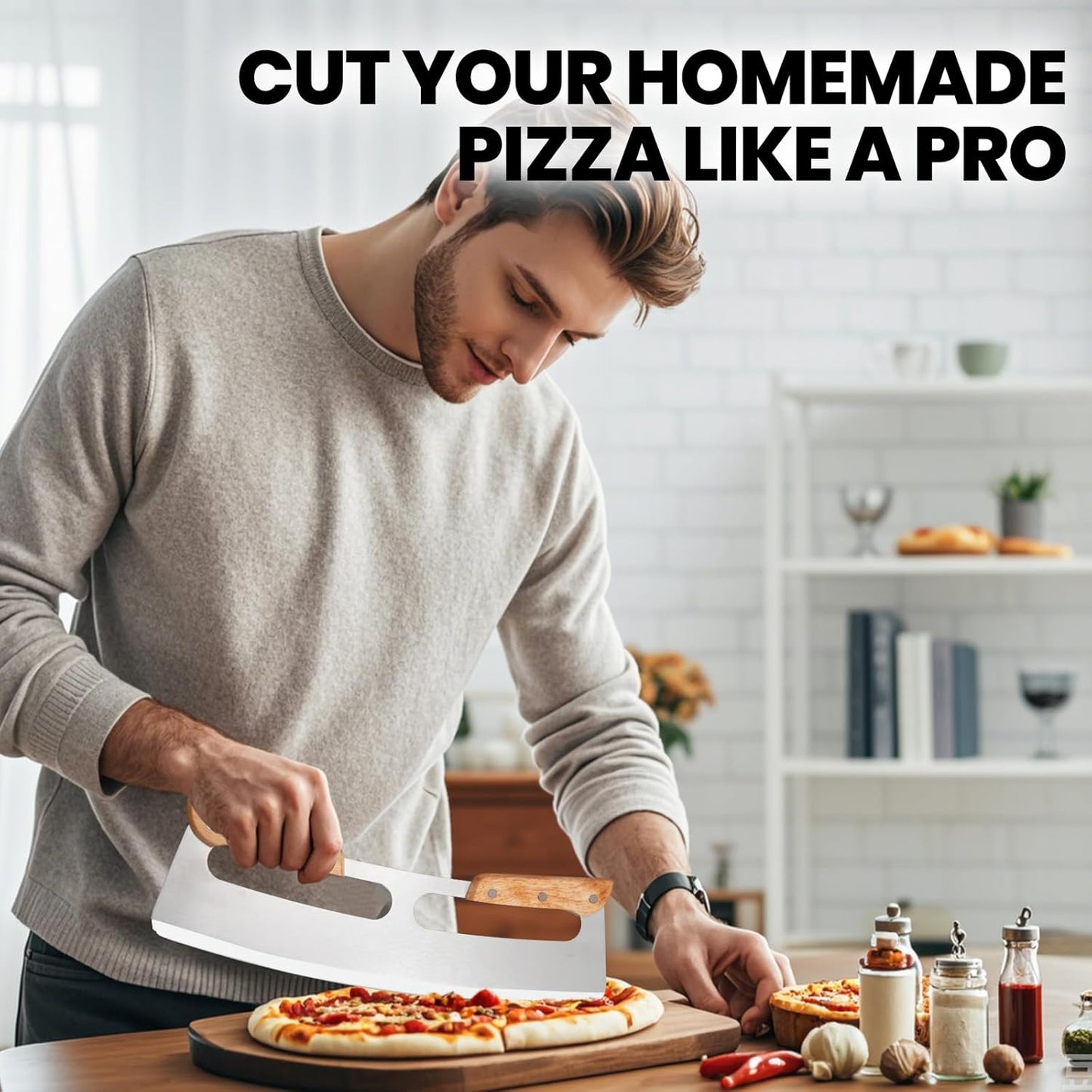 SCHVUBENR 14'' Pizza Cutter Rocker with Large Cover - Sharp Stainless Steel Pizza Slicer with Wooden Handles - Large Pizza Knife Cutter Wheel - Easy to Use & Clean - Slice Pizza with Ease