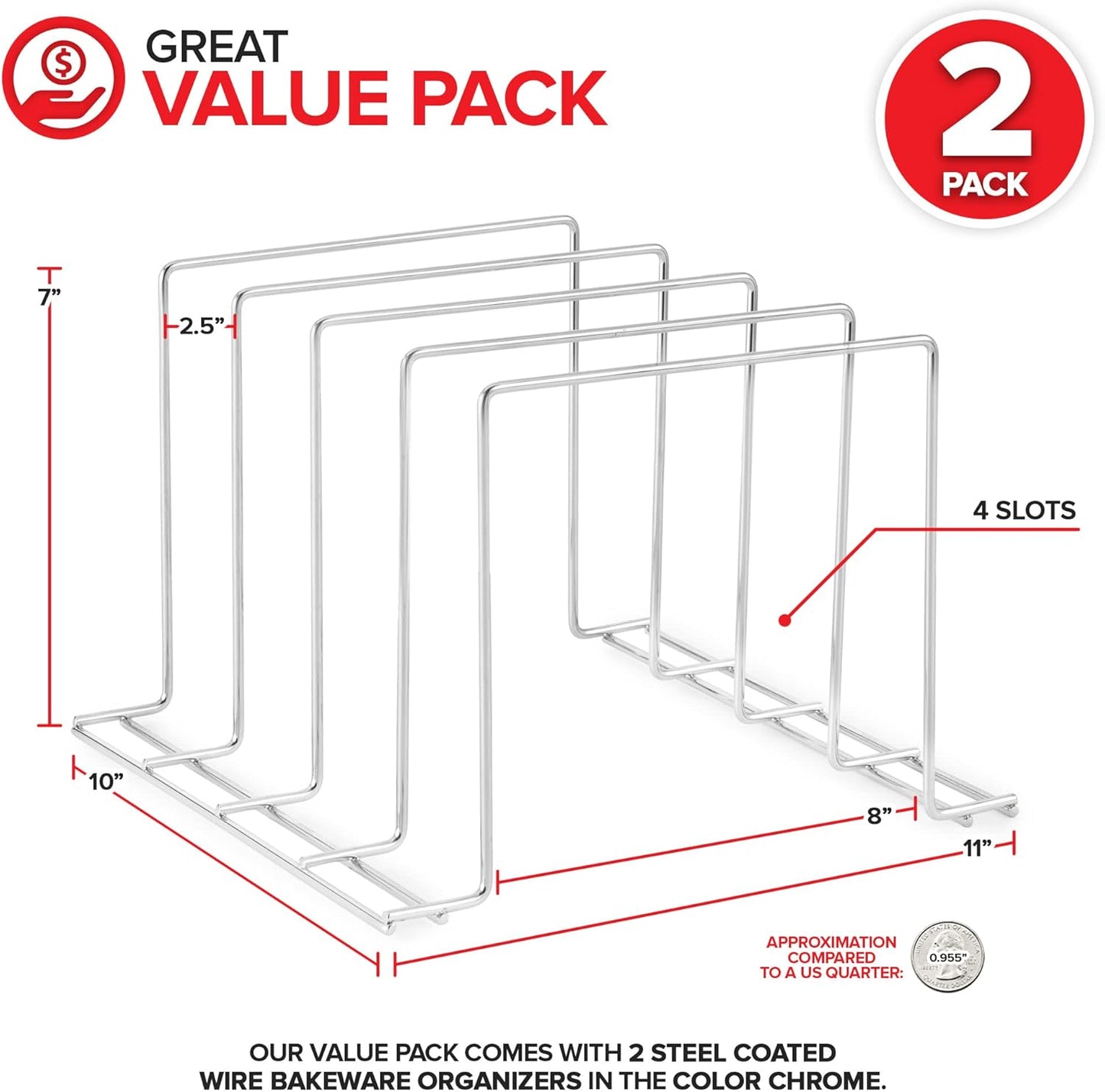 Stock Your Home Chrome (2 Pack) Steel Baking Pan Organizer Rack for Cabinet or Counter, Holder for Kitchen Cutting Boards, Pot Lids, or Cookie Sheets - Rust Proof Wire, Drying Storage