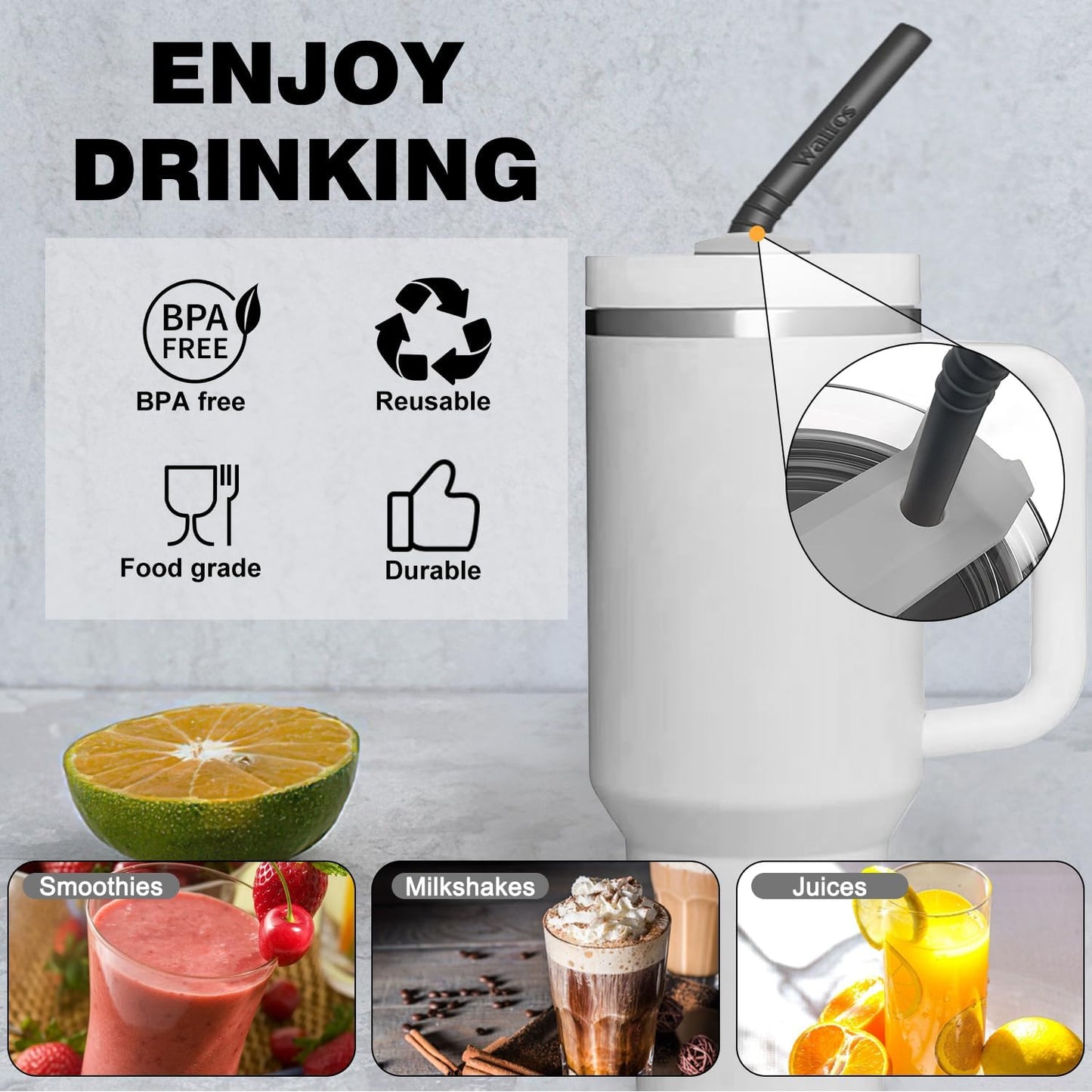 Walfos Silicone Straws - Reusable straws Bendy straws for Smoothies/20 & 30 oz Tumblers, BPA Free. 2 Size (3pcs Wide S + 3 pcs Regular + 2 Cleaning Brushes）