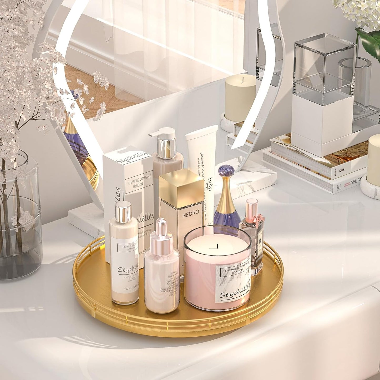 13" Gold Lazy Susan for Table Top, Oak Wood Lazy Susan Turntable Organizer for Dining Coffee Table Centerpiece Bar Decor Kitchen Countertop Bathroom Vanity Decorative Tray for Perfume Jewelry Round