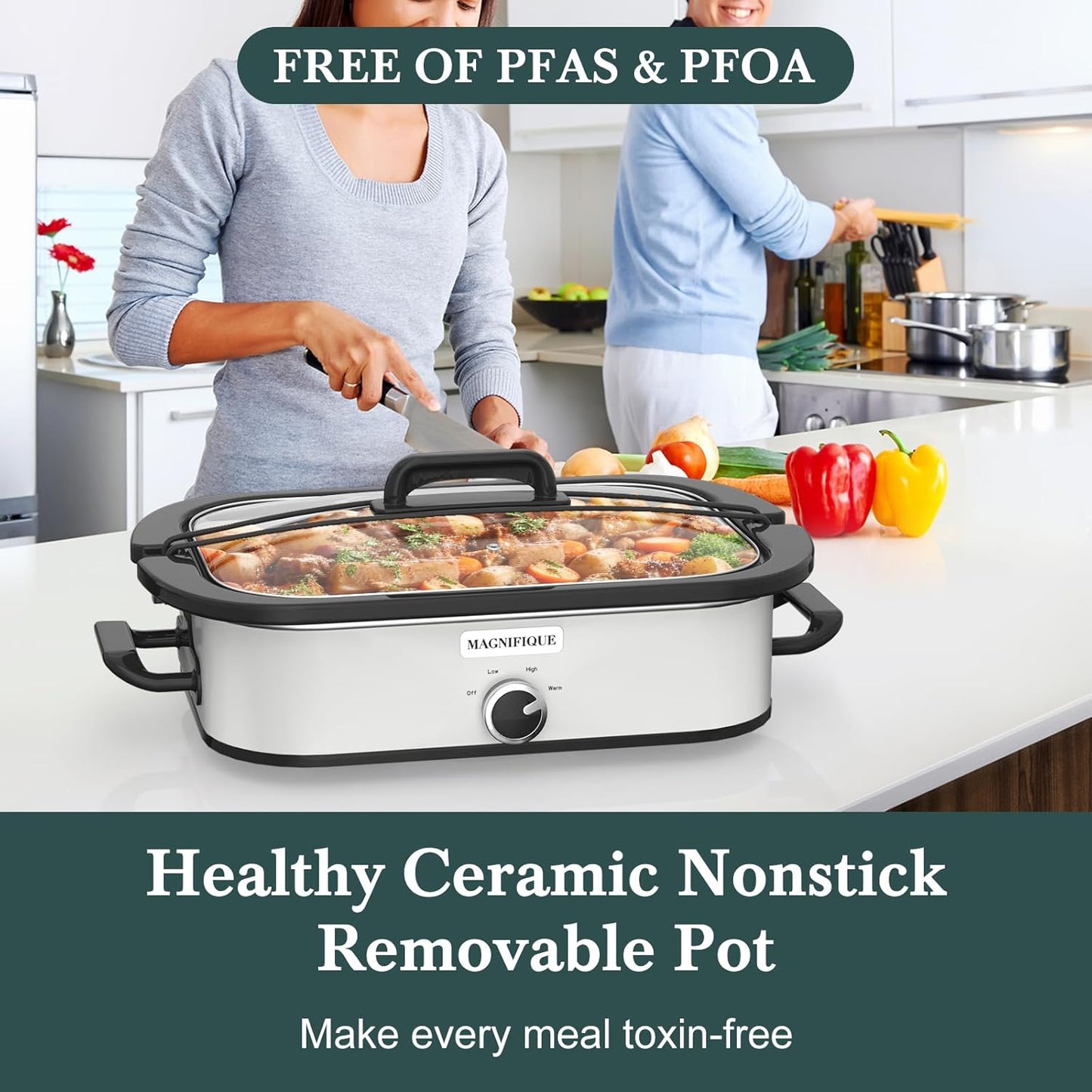 MAGNIFIQUE 4 Quart Casserole Slow Cooker with Ceramic Baking Dish - Perfect Small Kitchen Appliance Crock Pot for Family Dinners, Oven Safe and Durable Bakeware for Lasagna, Roasts