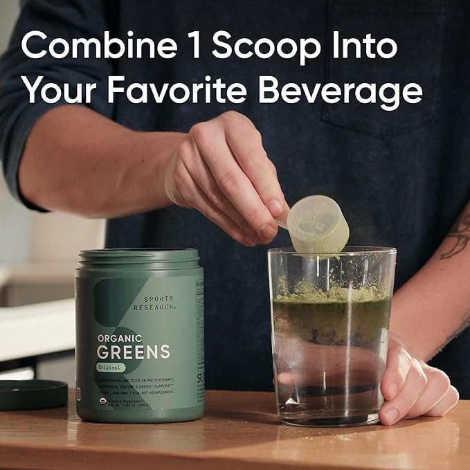 Sports Research® Organic Greens Superfood Powder w/Spirulina & Chlorella, Adaptogens, Enzymes, Probiotics & 8 VIT Bs for Gut & Mood Support* - Vegan, Sugar-Free & Low-Cal Original 20 Servings