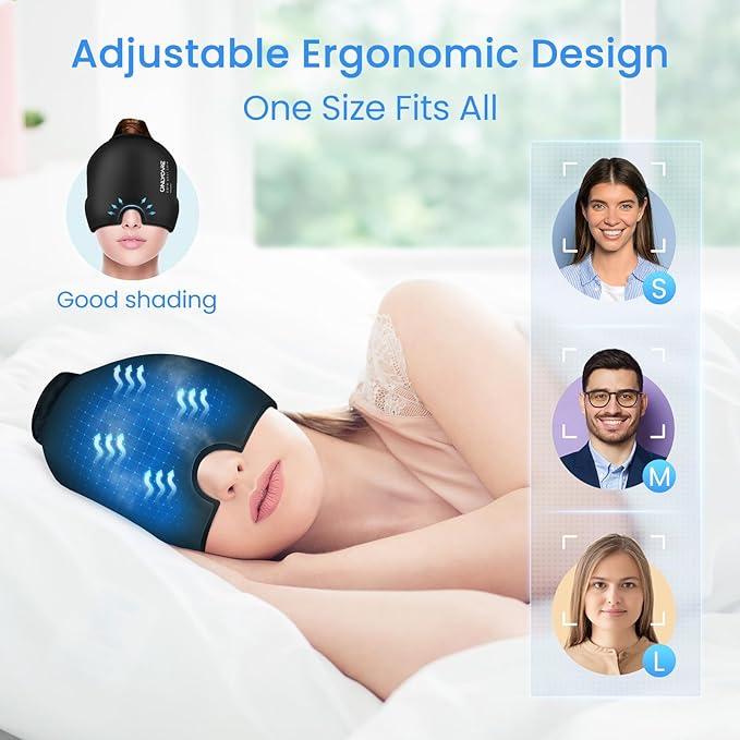 ONLYCARE Migraine Relief Cap, Upgraded Odorless Headache Relief Cap, 360° Gel Surround Ice Pack Mask for Migraine, Sinus, Stress, Frontal Headaches (Black)