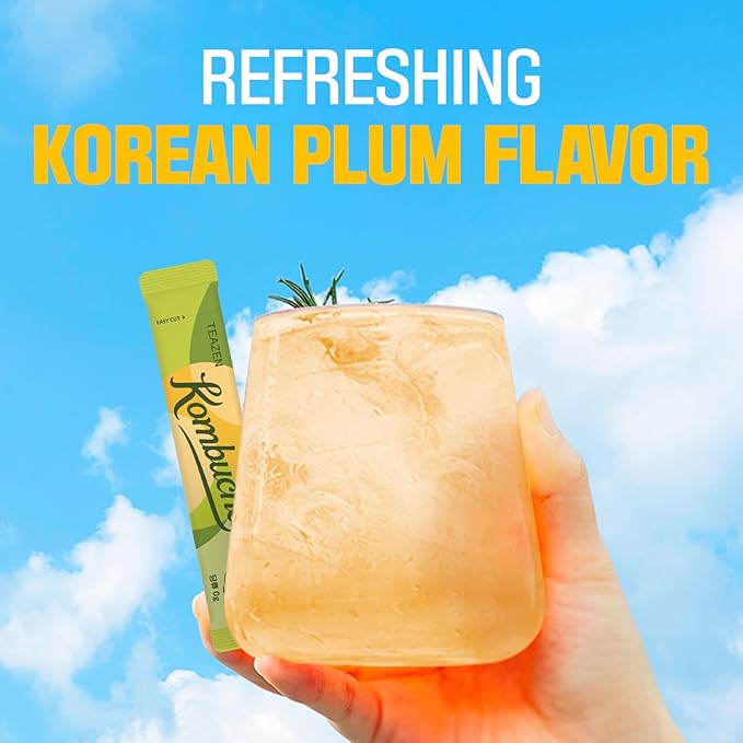 TEAZEN Kombucha Tea, Japanese Apricot Flavor, Zero Sugar, Sparkling Fermented Powdered Mix Beverage from Korea, Live Probiotics & Prebiotics, 10 Sticks, 1.76oz