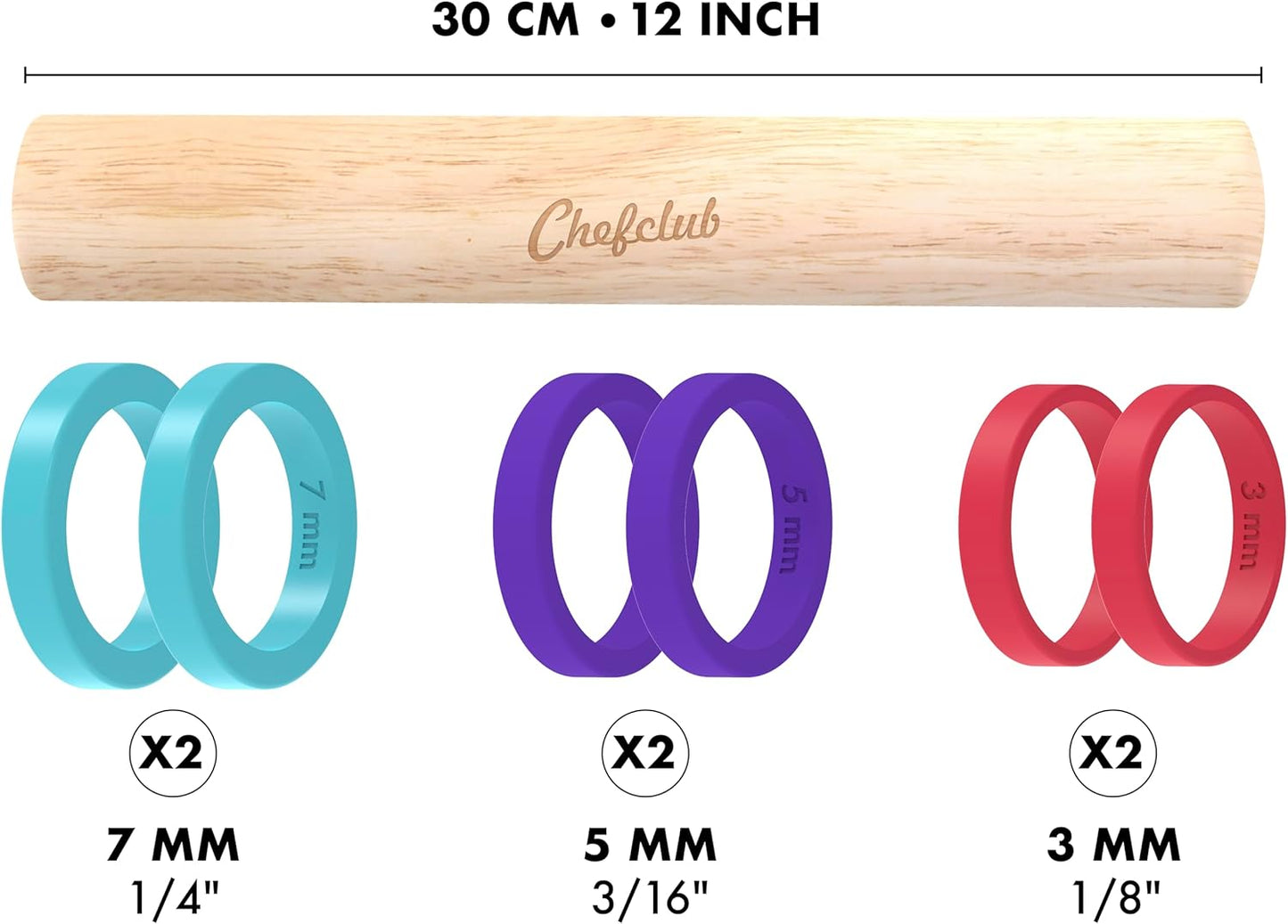 Chefclub Kids Adjustable Wooden Rolling Pin - 3 Removable Silicone Rings - Perfect for Baking & Pastry, Pizza, Pie, Cookie Dough - Precision Baking Tool for Kids