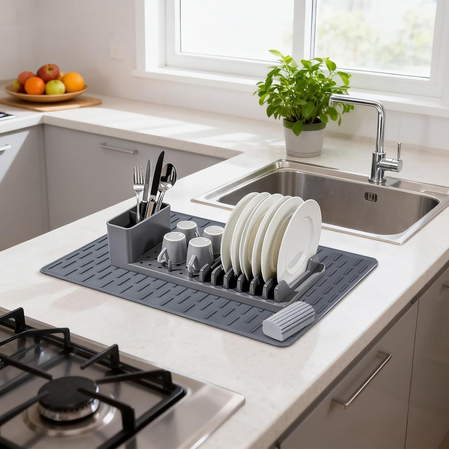 Silicone Dish Drying Rack with Mat - Foldable Space Saving Kitchen Sink Organizer, Countertop Drainer for Dishes Utensils (50x35cm Mat & Detachable Holder)