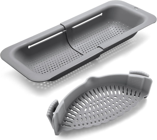 Adjustable Over the Sink Colander Strainer, Silicone Clip On Strainer for Pots Strainers and Plastic Colanders Drainer Basket for Food Pasta Vegetables Kitchen, Extendable 14.5"-19.5", Grey