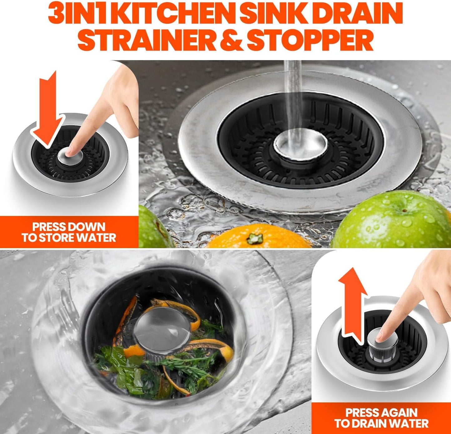 3 in 1 Kitchen Sink Drain Strainer & Sink Stopper Upgraded Stainless Steel Drain Plug with Anti-Clog Basket Drain Stopper Combo, Pop Up Sink Stopper for Standard 3-1/2''