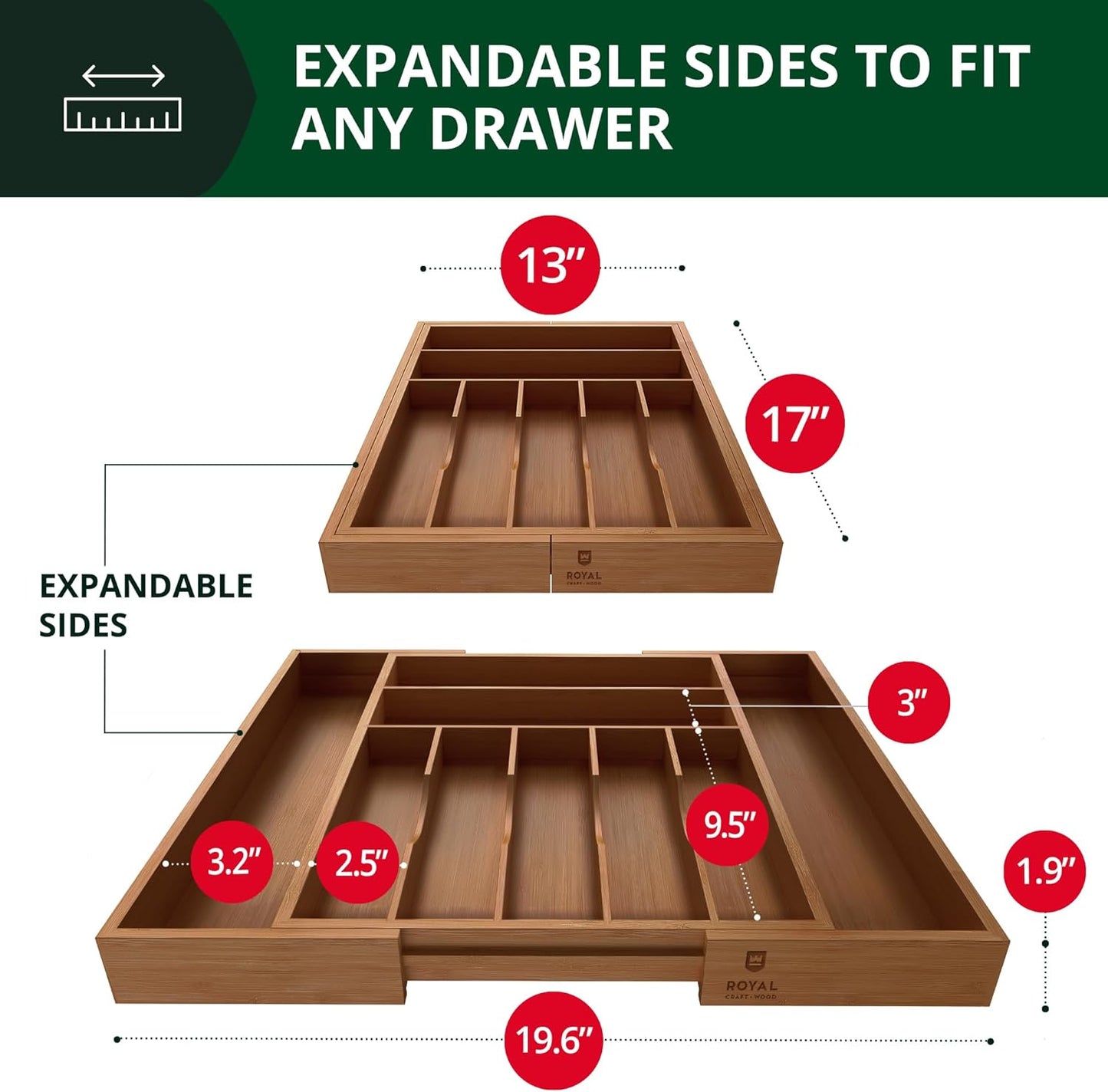 ROYAL CRAFT WOOD Luxury Bamboo Kitchen Drawer Organizer - Silverware Organizer - Utensil Holder and Cutlery Tray with Grooved Drawer Dividers for Flatware and Kitchen Utensils (9 Slot, Brown Bamboo)