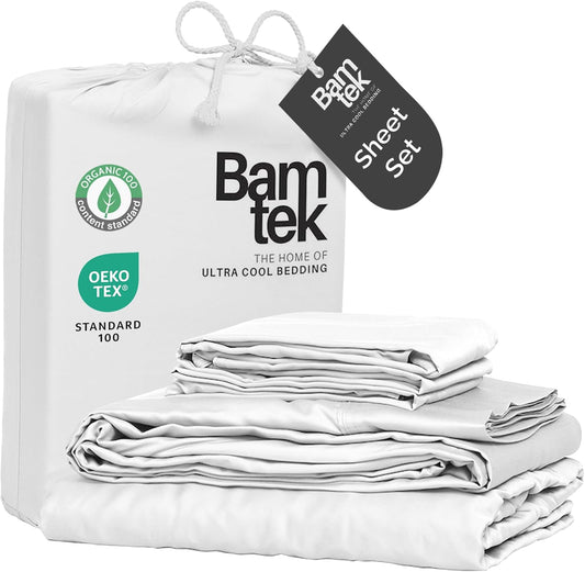 100% Viscose from Bamboo Sheets Queen Size, Super Soft Bedding Set, 4PC Cooling Sheets for Hot Sleepers, Vegan Silk Moisture Wicking, Organically Grown Bedsheet, White - 60" x 80"