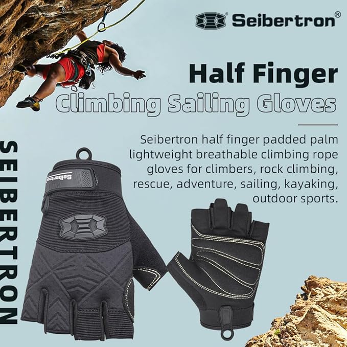Seibertron Full or Half Finger Padded Palm Lightweight Breathable Climbing Rope Gloves for Climbers, Rock Climbing, Rescue, Adventure, Sailing, Kayaking, Outdoor Sports