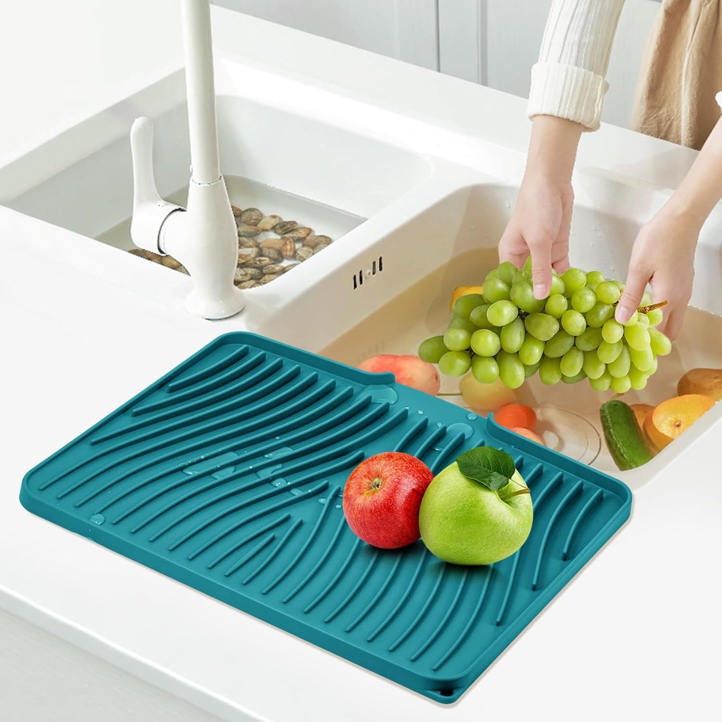 Silicone Dish Drying Mat for Kitchen Counter, Dish Drying Pad, Non-Slip Drain Pad with Built-in Drain, Heat Resistant Stone Drying Mat(15.8" x 13", Green)