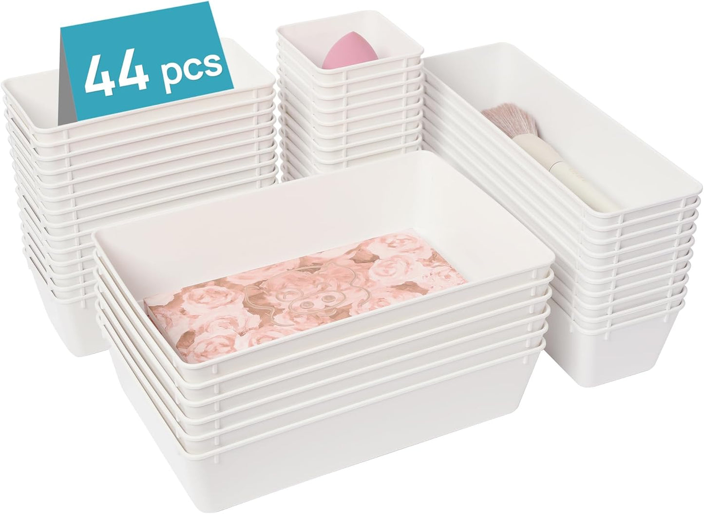Vtopmart 44 PCS Plastic Drawer Organizers Set, 4-Size Versatile Bathroom and Vanity Organizer Trays, Non-Slip Storage Containers for Makeup, Jewelries, Bedroom，Kitchen Utensils and Office, White