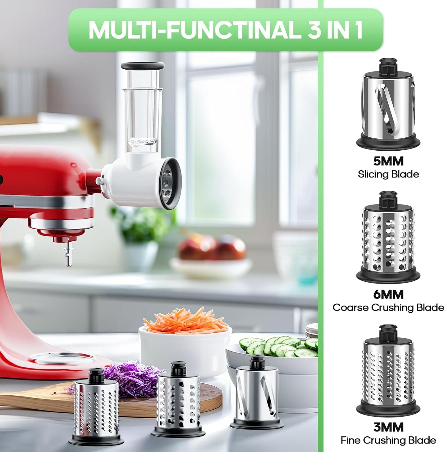 Slicer Shredder Attachment for KitchenAid Stand Mixer, Cheese Grater for KitchenAid Mixer, Salad Maker Accessory, Cheese Grater with 3 Blades, Attachment for Kitchenaid Mixers